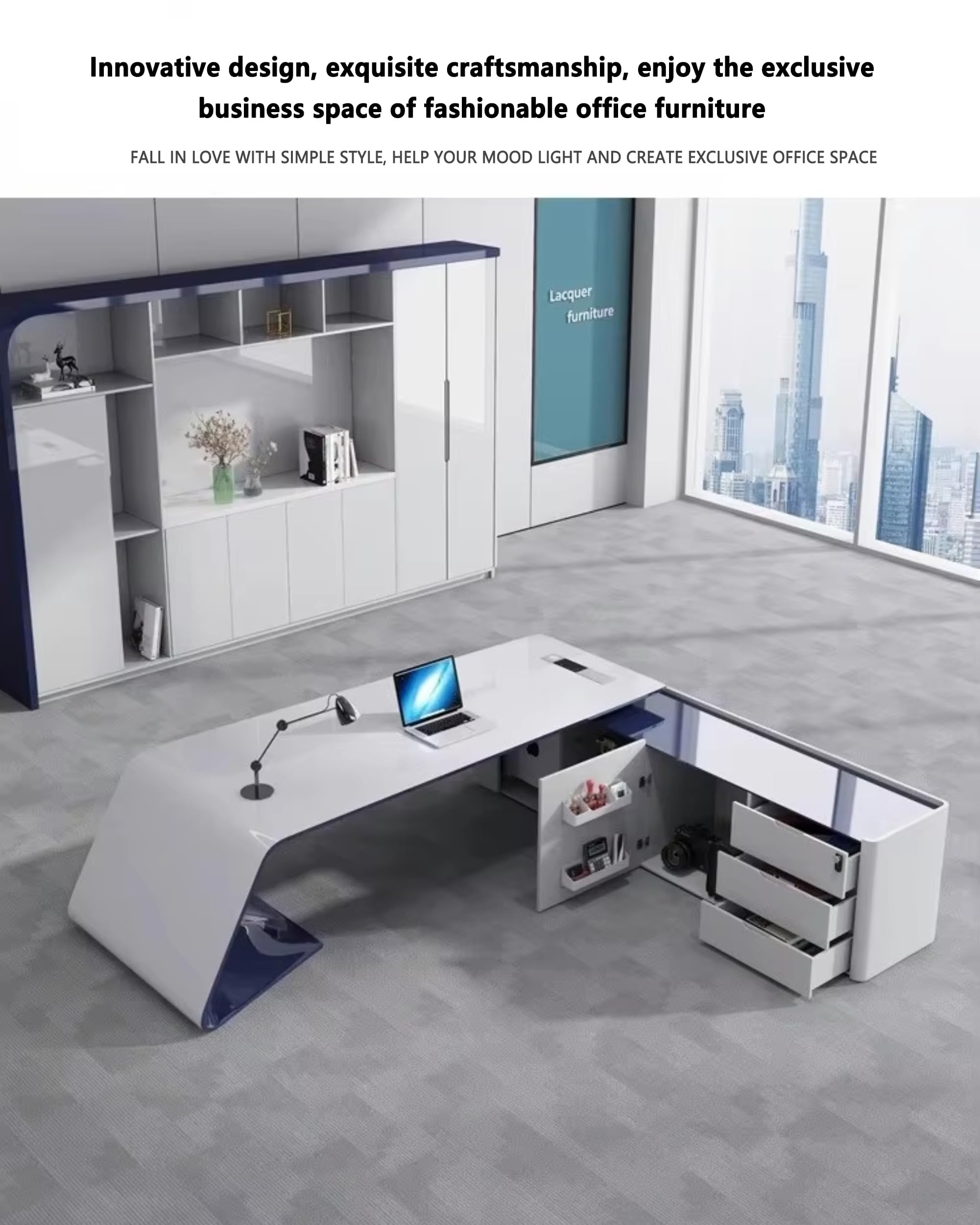 Moderner Schreibtisch mit linkem Schrank, hochglänzender L-förmiger Chef-Schreibtisch, Manager-Arbeitsplatz für CEO, Präsident oder Homeoffice (Stühle nicht enthalten) Left Cabinet 200cm/79in
