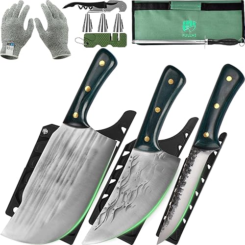 FULLHI Juego de cuchillos de carnicero profesional de 10 piezas con bolsa de cuchillos y funda Cuchillo de chef forjado a mano Cuchillo de