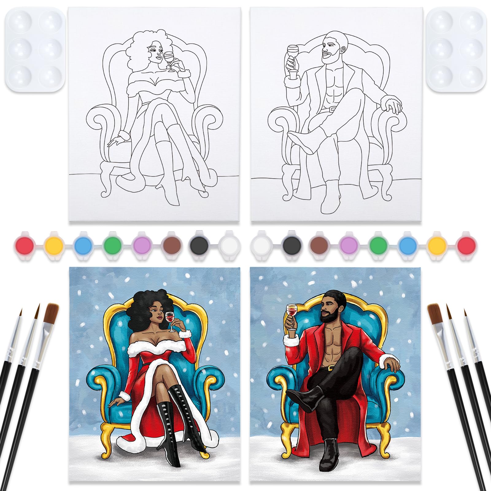 Nuberlic Couples Painting Kit Date Night Afro King and Queen Throne Sip and Paint Kit for Adults Pre Drawn Canvas for Painting for Adult Love Couple Art Set Christmas and Halloween 2 Pack 8x10