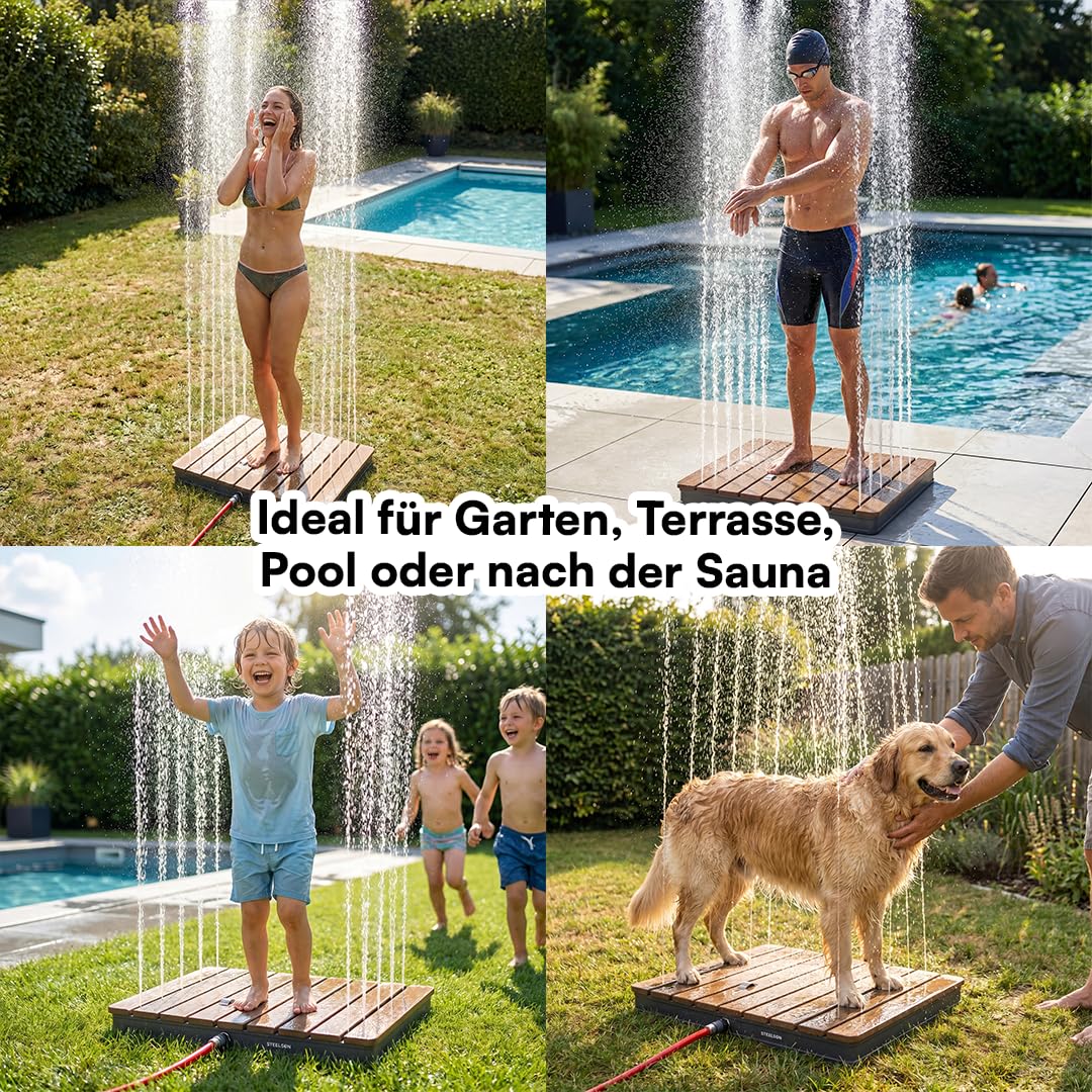 STEELSØN Samaya Bodendusche rechteckig – Außendusche Braun/Grau – Fontänenhöhe bis zu 4m mit Fußrad einstellbar – Gartendusche rutschfest – Campingdusche wetterfest – Pooldusche/Duschplatte