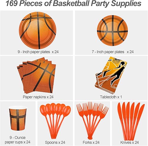 Miniatura 4 de durony Paquete de 169 piezas de suministros para fiesta temática de baloncesto, incluye platos de papel, vasos, servilletas, cucharas, tenedores,