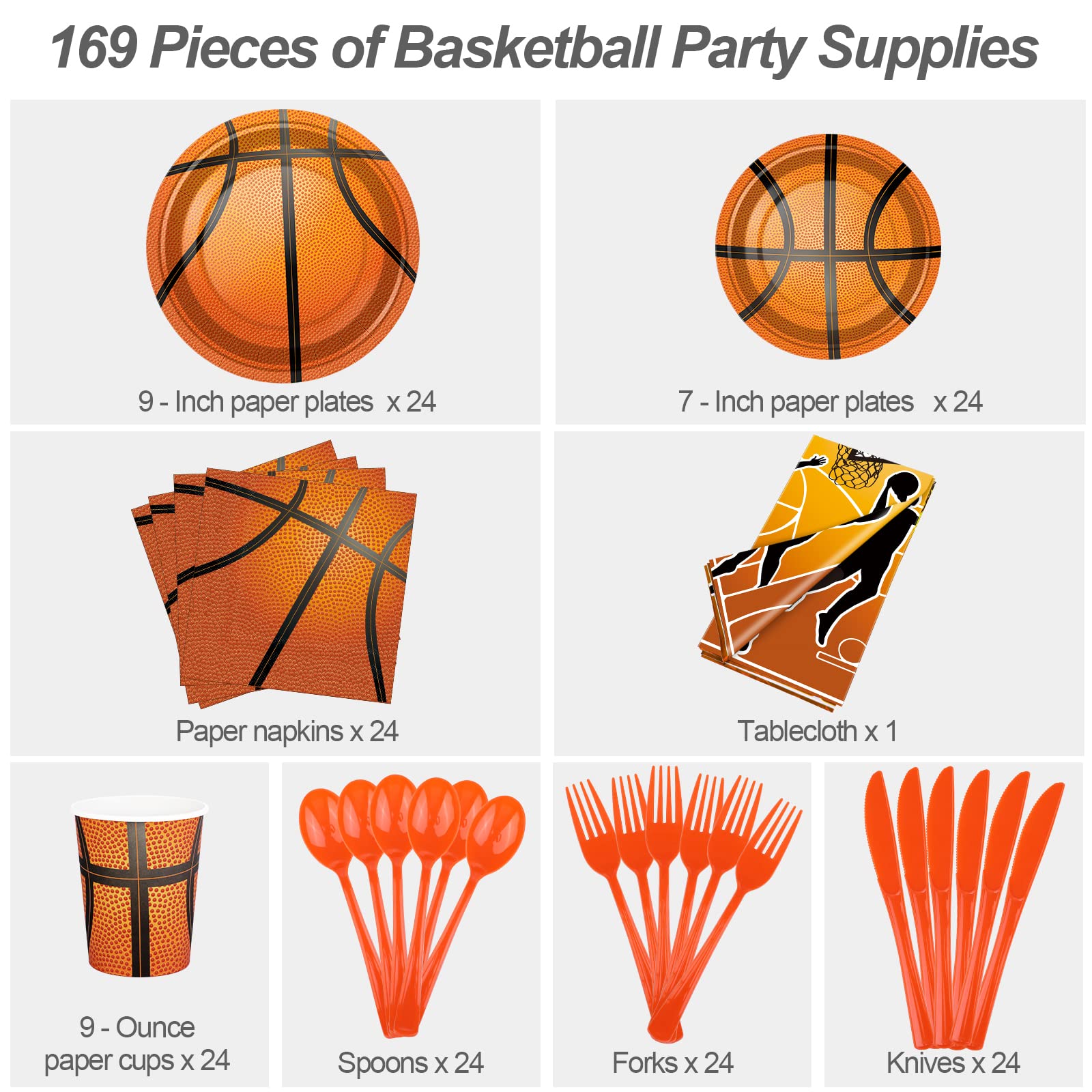 Durony Basketball Party Supplies Pack - 169 Piece Set For 24 Guests, Includes Plates, Cups, Tablecloth - View #3