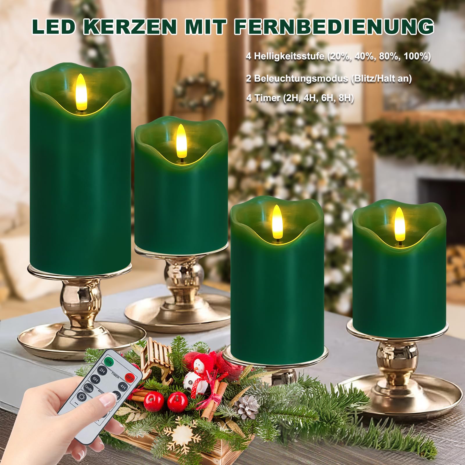 LED Kerzen 3er Set – Flammenlos, Echtwachs, Timer, Fernbedienung, Grün, Batteriebetrieben, 7,5–14,2 Cm Timer Kerzen 2 4 6 8 Stunden