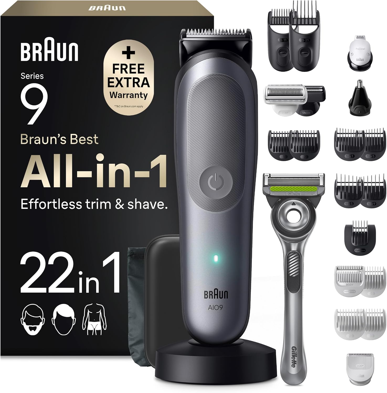 Braun Rasoio Elettrico Barba e Capelli Serie 9, Accessori AIO9545 Grigio