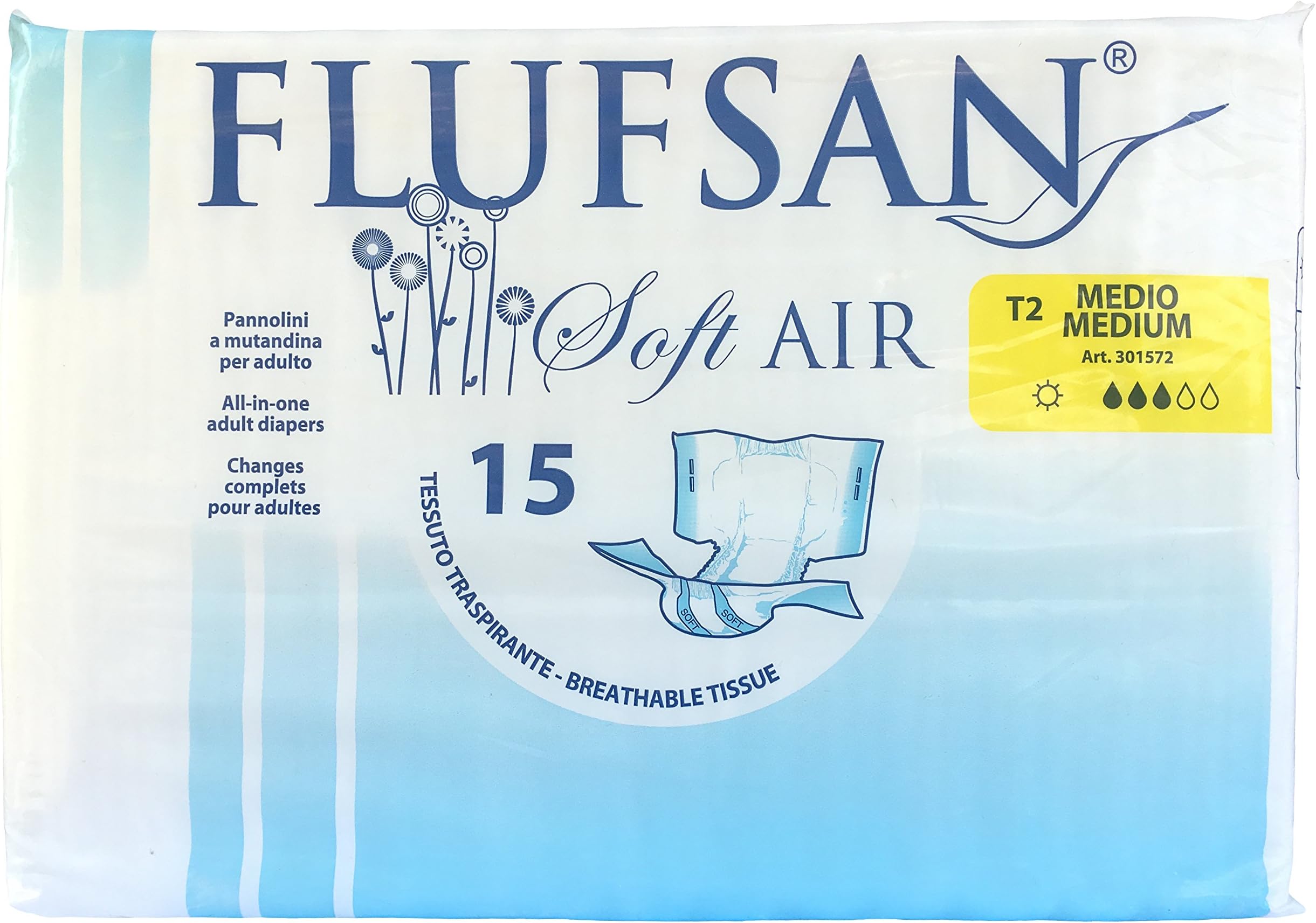 FLUFSAN All in One Adult Diapers Day Medium Breathable Nappies, Latex Free, 40-70 KG, 80-115 cm/ 31-45 inches, Pack of 15 Diapers