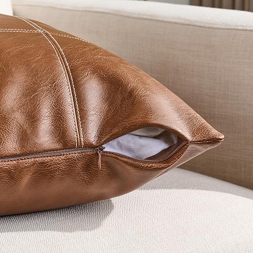 Miniatura 3 de Fancy Homi Paquete de 2 fundas de almohada decorativas de piel sintética cosidas a mano de 20 x 20 pulgadas para sala de estar, sofá cama, funda de