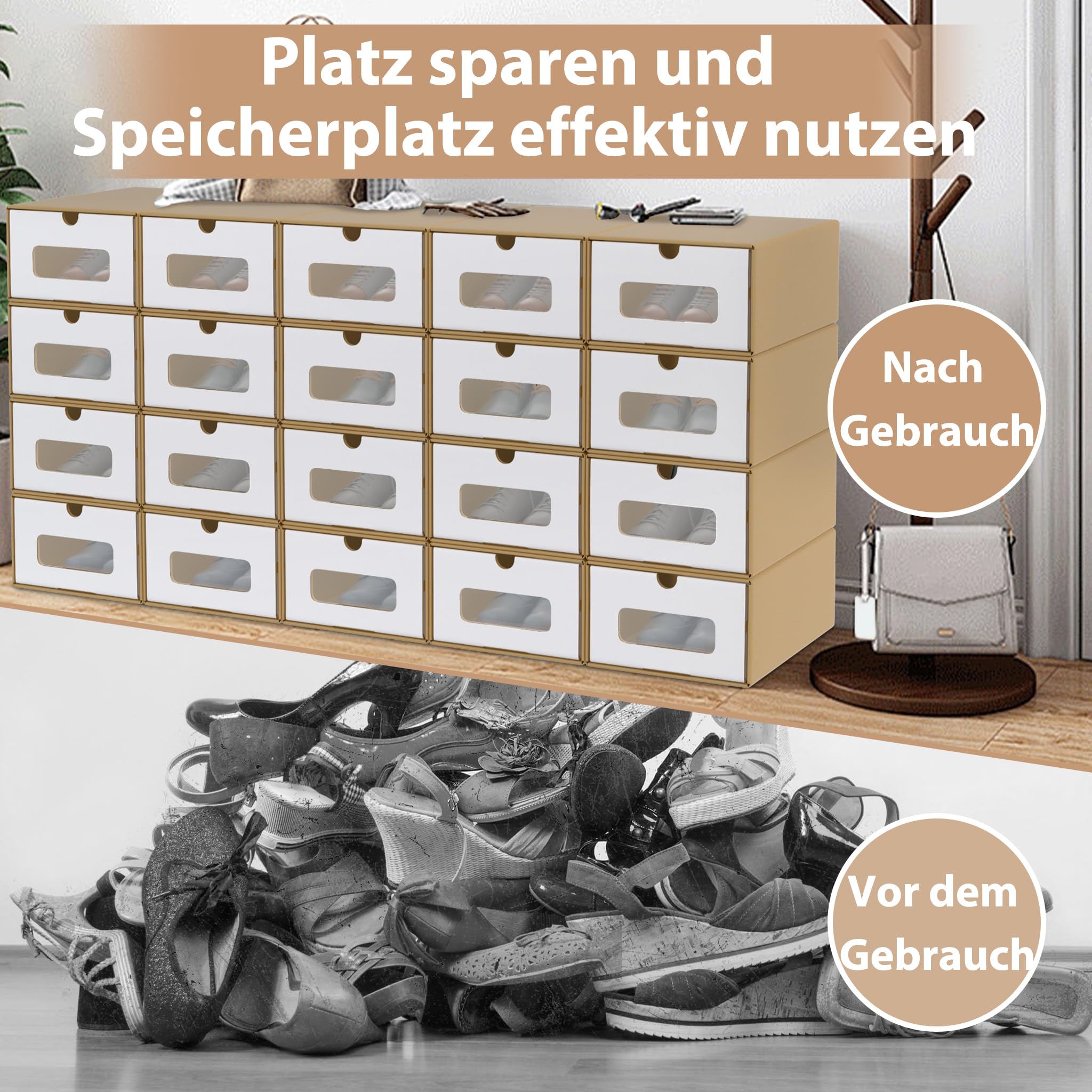 YUENFONG 20 Stück Schuhbox Aufbewahrungsbox mit Sichtfenster & Schublade, Ordnungsboxen Schuhschachtel Stapelbar aus Kraftpapier, Schuhorganizer für Schuhl