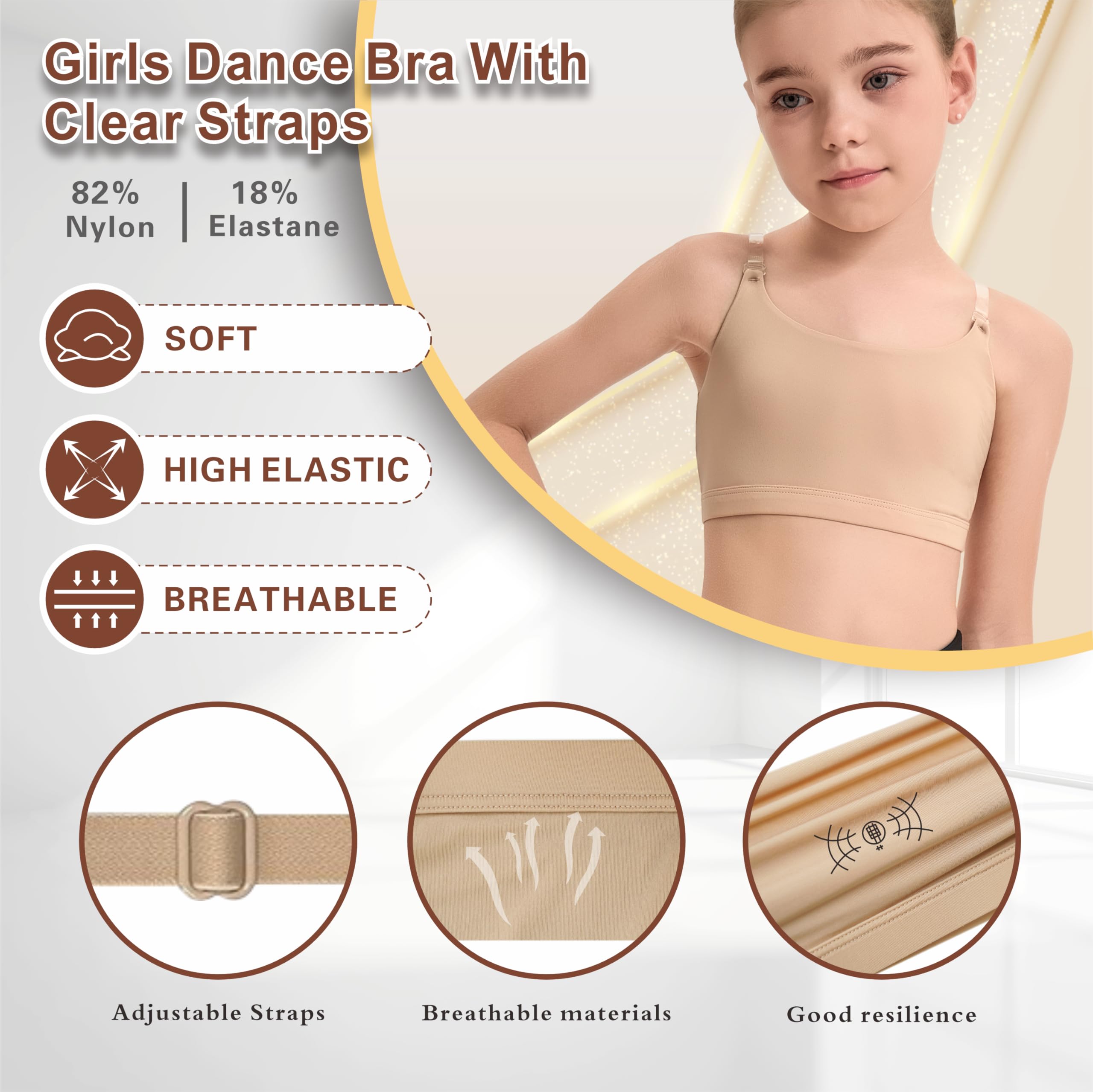 Adjustable Dance Bra Seamless Bra for Girls,7-16 Years Training Ballet Gymnastics with Clear Strap and Silicone Pads - 4