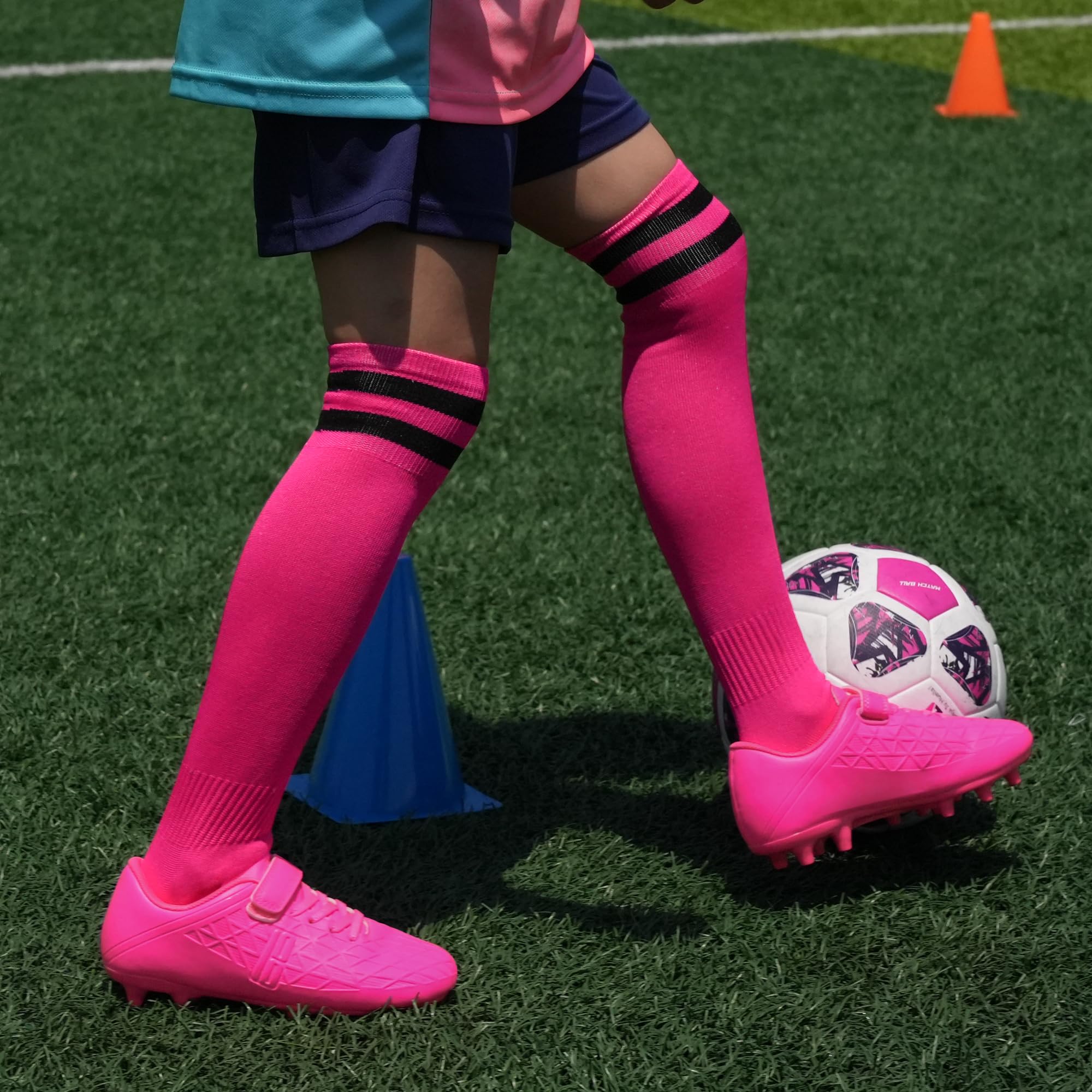 brooman Kids Firm Ground Soccer Cleats Boys Girls Football Cleats with Soccer Socks (11,Fuchsia)