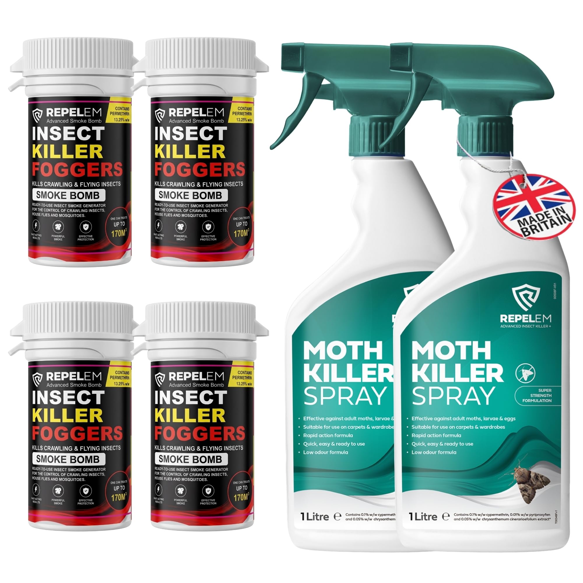 REPELEM 2L Moth Killer Spray with 4 Smoke Bombs - Fast Acting Moth Repellent & Insect Killer, Kills Moths at all Life Stages, Professional Strength Permethrin Spray