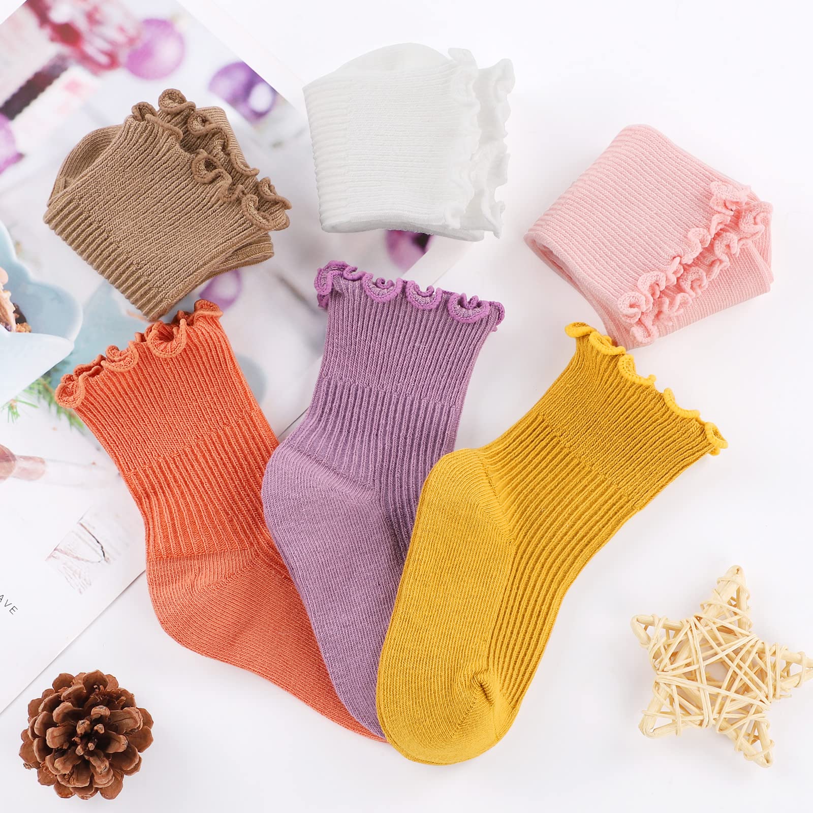 Witwot 6 Paar Baby-Socken für Mädchen, Rüschen, Crew-Socken für Kleinkinder, Mädchen, weiche Baumwolle, Größe 6 - 7 Jahre