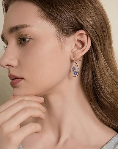 Miniatura 5 de AUNTESIGN Aretes de encaje con flores silvestres prensadas de Anne Forget-Me-Not y Queen Pendientes de flores prensadas Pendientes colgantes