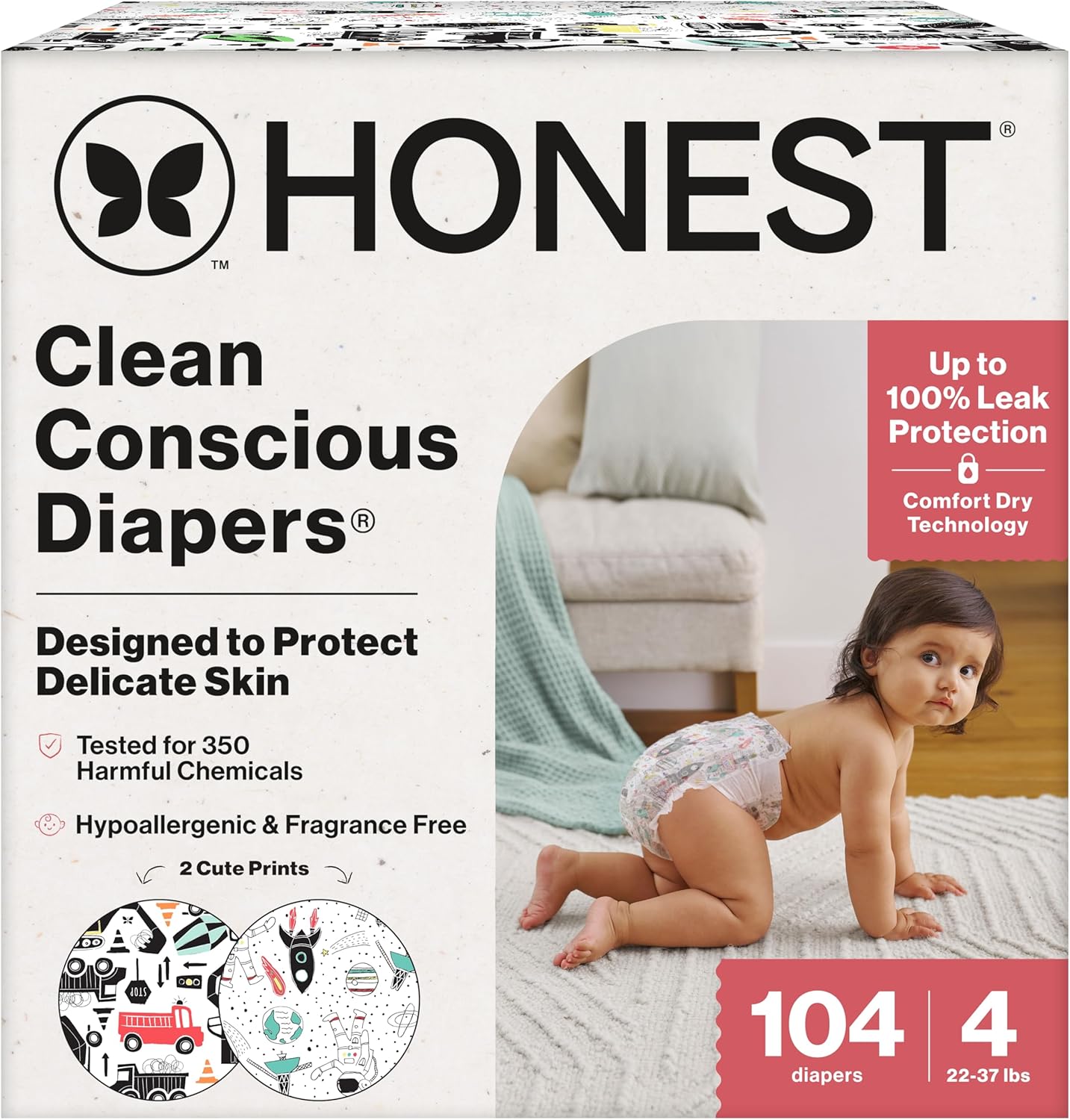 The Honest Company Clean Conscious Diapers for Delicate Skin, Up to 100% Leakproof Hypoallergenic Fragrance-Free Baby Diapers, Gender Neutral Prints, Super Club Box, Size 4 (22–37 lbs), 104 Count Size 4 (104 Count) Space Travel + Big Trucks