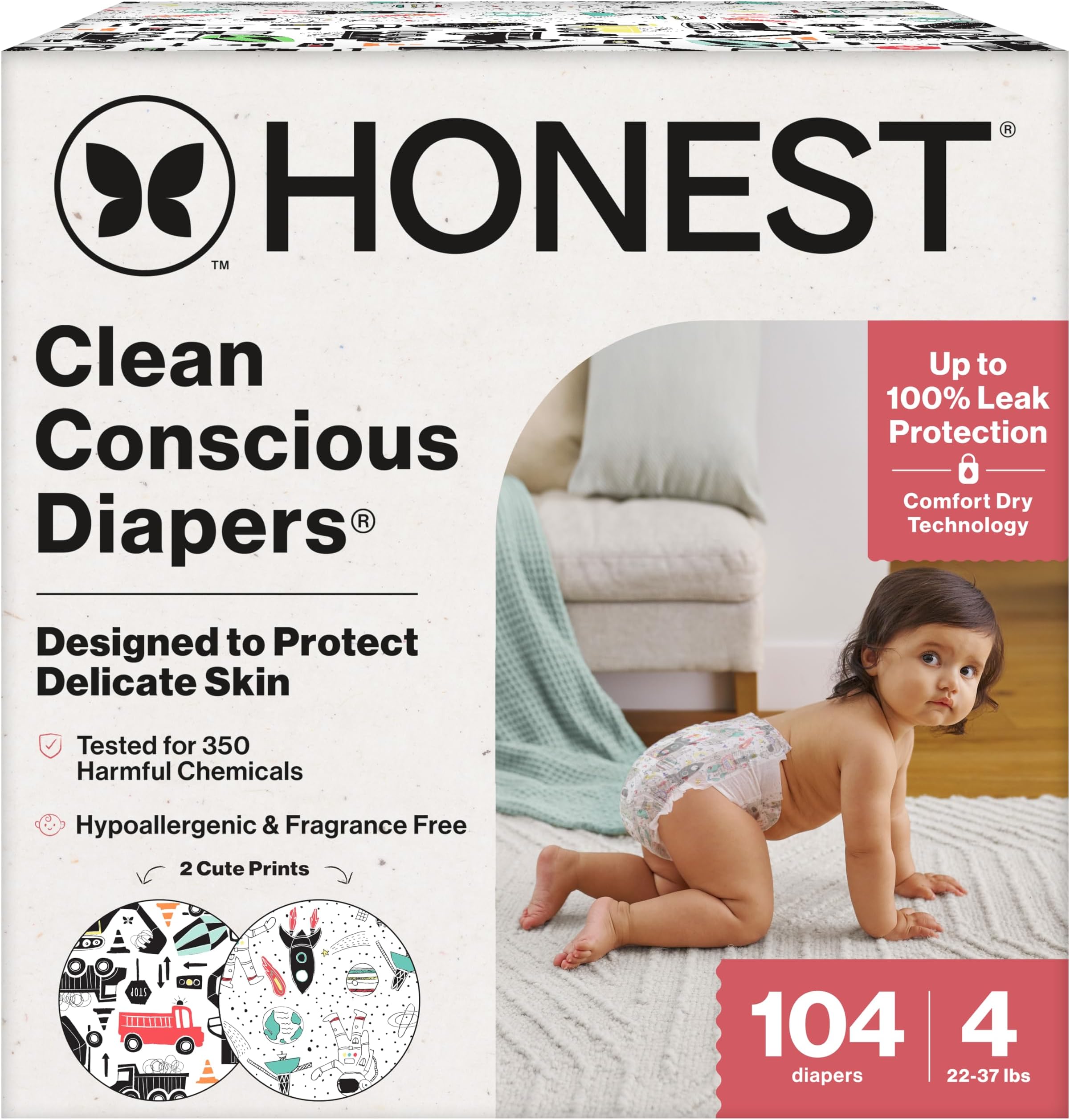 The Honest Company クリーンコンシャス おむつ|植物由来 サステナブル | 宇宙旅行 + オレンジユーキュート | スーパークラブボックス サイズ4 (22-36ポンド) 104枚