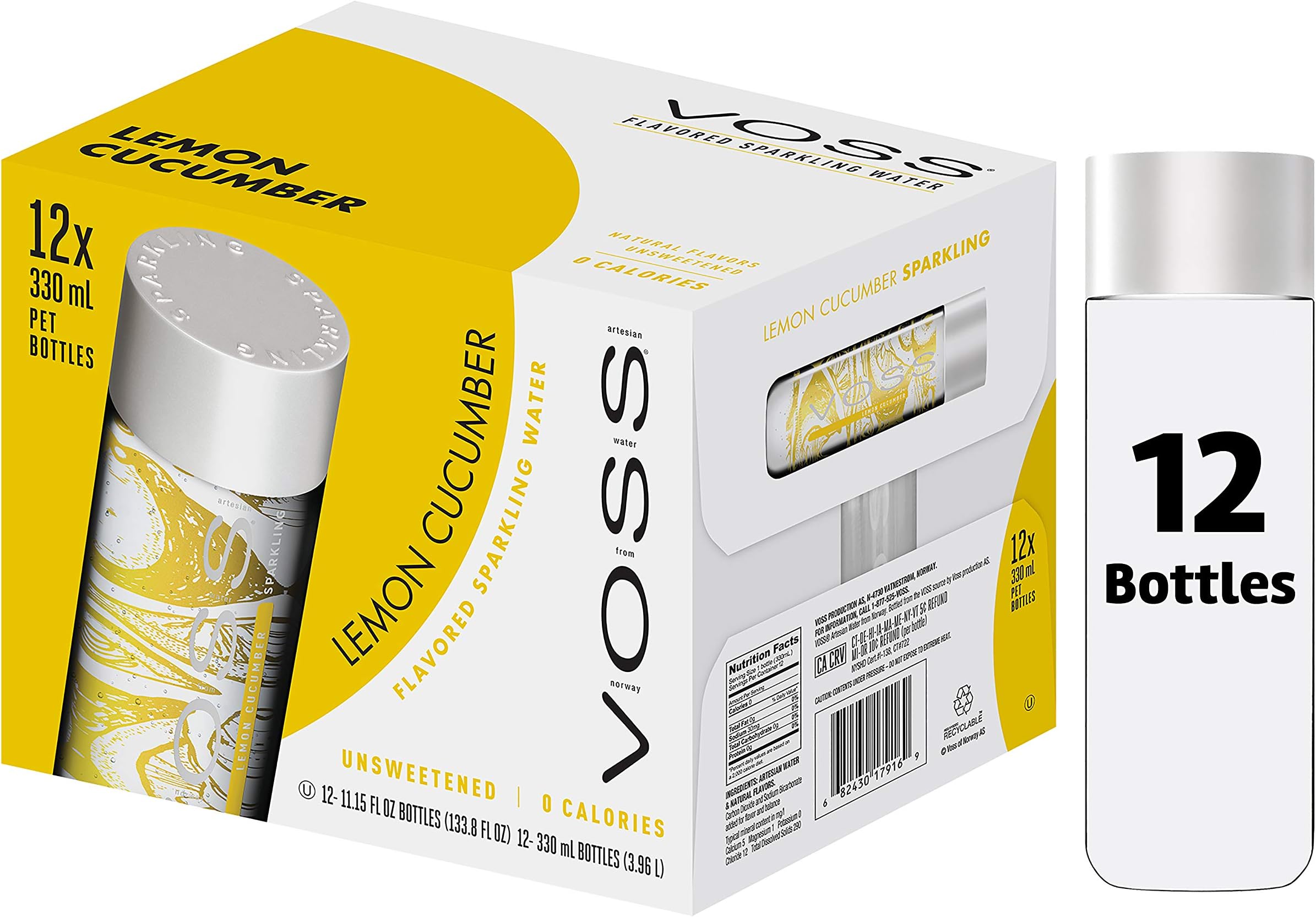VOSS UK Water, Flavoured Sparkling Water, Lemon Cucumber, Zero Calories, No Sugar, Natural, PET Water Bottles, Bulk Pack of 12 x 330 ml