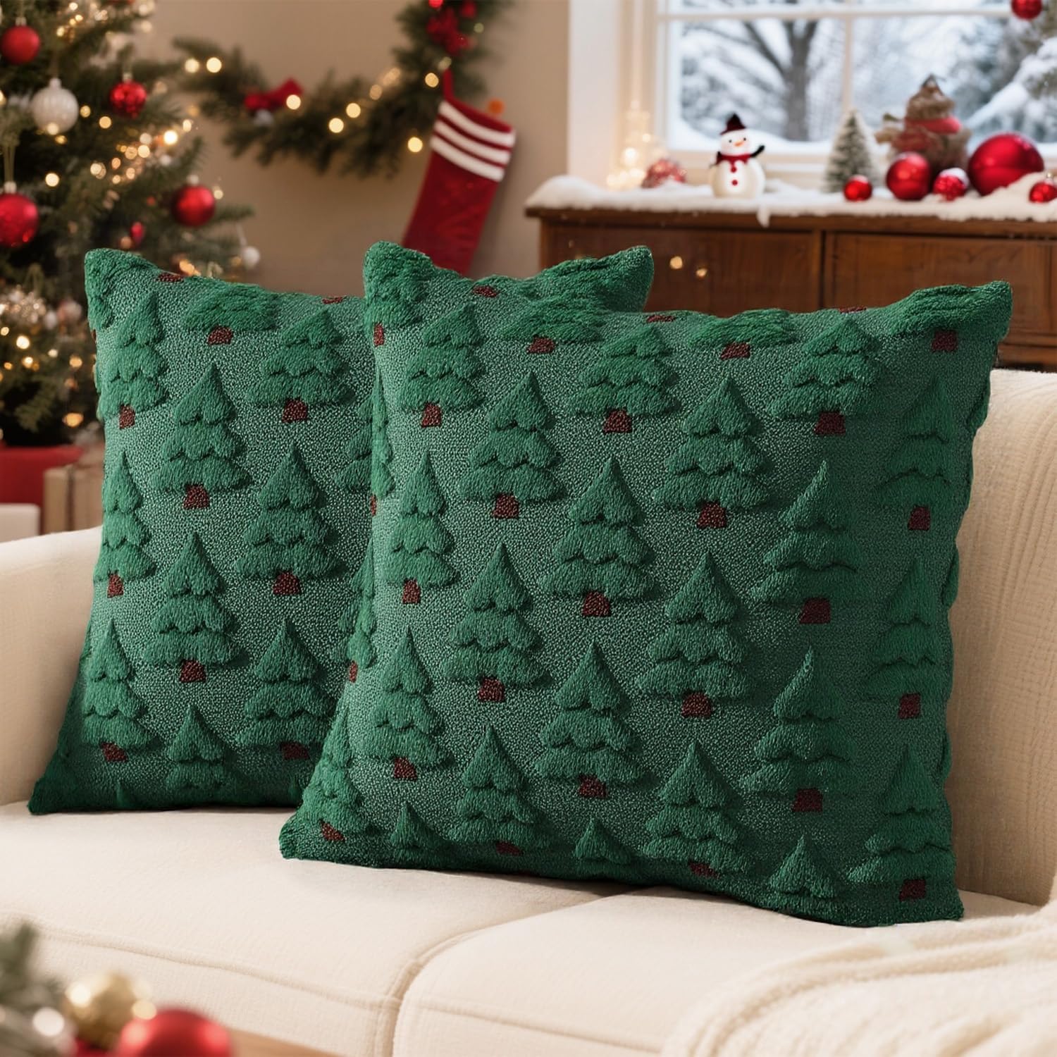 Christmas Tree Throw Pillow Covers 18x18, Set of 2 Xmas Decorations Faux Fur Wool Throw Pillows Soft Plush Cushion Covers, Tree Pillowcases for Holiday Winter Home Sofa Couch Bed Porch (Green)