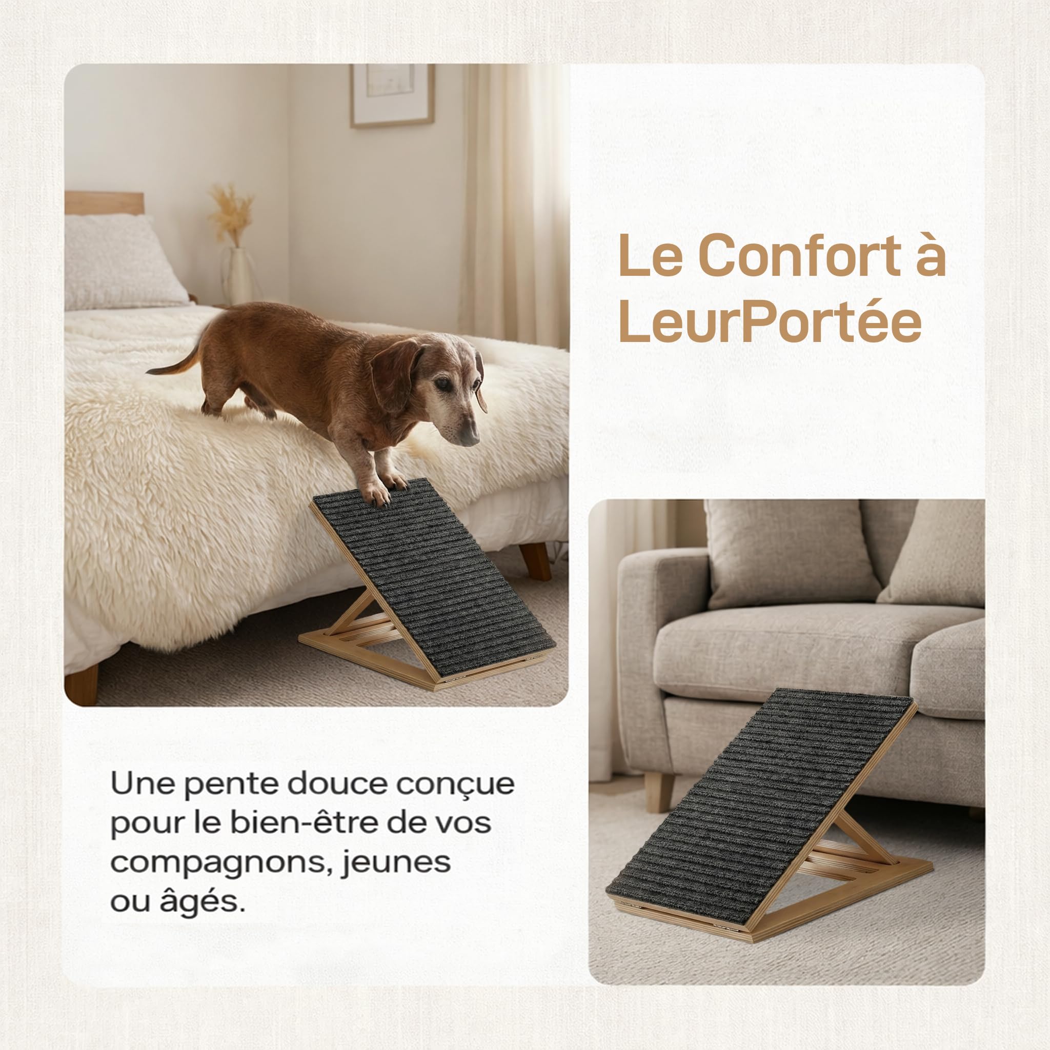 kowaku Rampe pour Chien en Bois Pliable, Escalier Animaux pour Petits Chiens et Chats avec Hauteur Réglable, Pente Douce pour Canapé, Lit, Voiture, Assistance Animaux Âgés, Races Petites Pattes