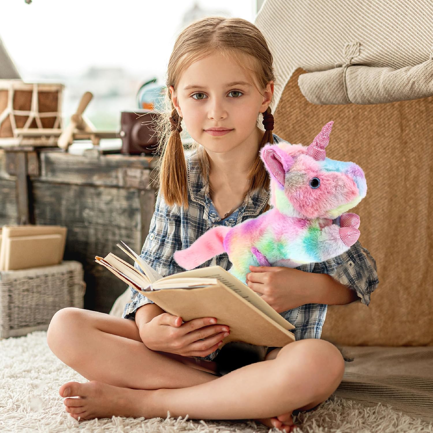 DolliBu Plush Sunday Rainbow Unicorn Stuffed Animal - Soft Huggable Lying Unicorn, Playtime Plush Toy, Cute Animal Cuddle Gifts for Kids & Adults - 10.5 Inches