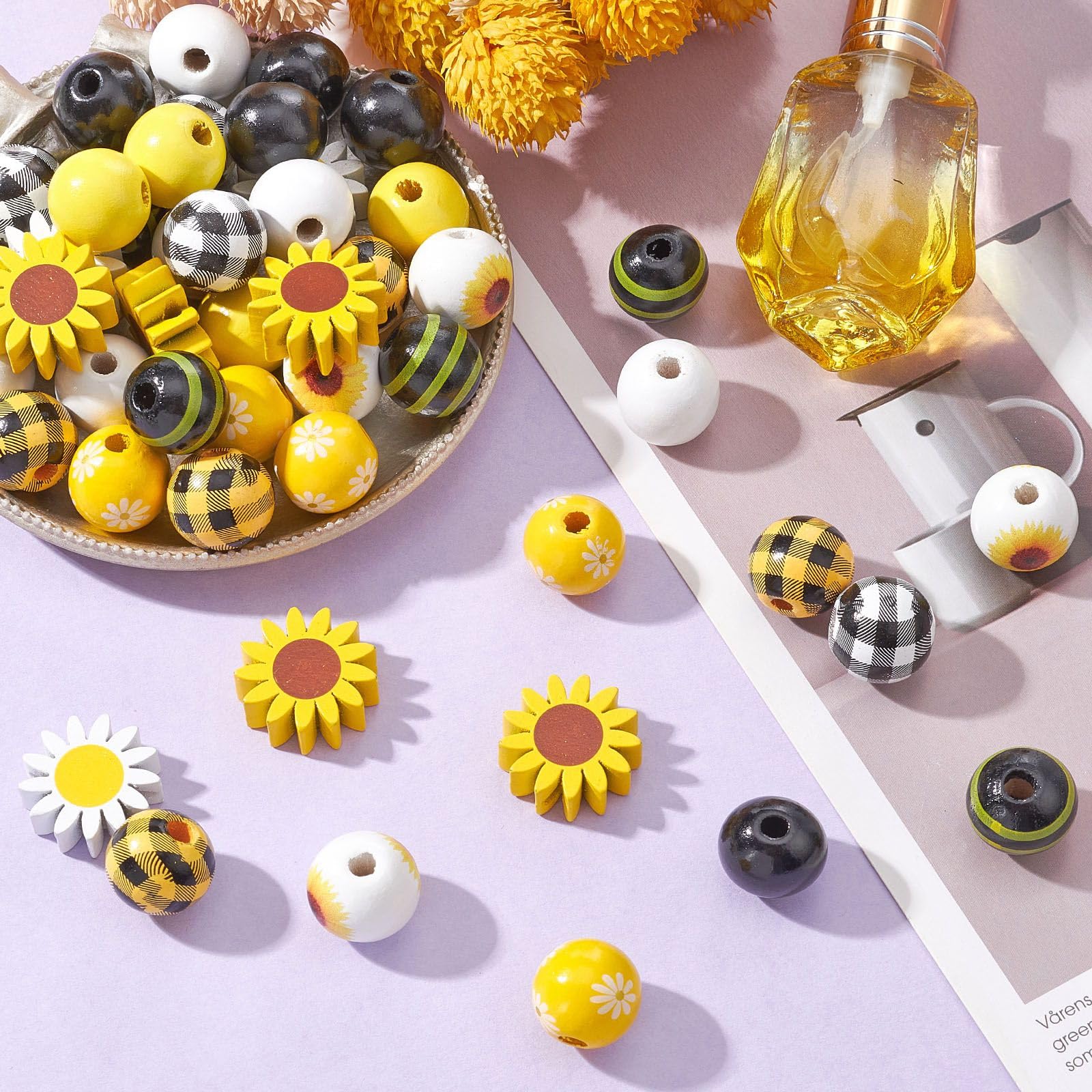 DanLingJewelry 50Pcs 10 Styles Sunflower Wood Beads Set 16mm Round Yellow Black White Wooden Beads Farmhouse Beads for Jewellery Making 50pcs - Image 4