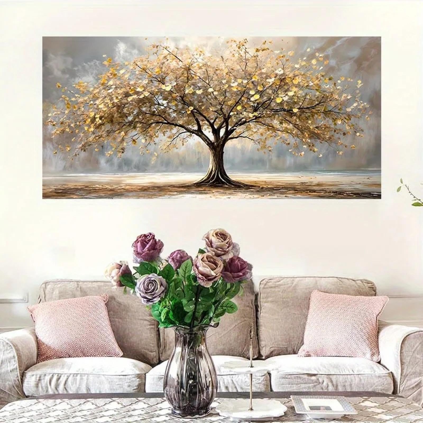 GOSRD Large Abstract Golden Tree of Life Canvas Painting Print Wall Art Poster Bedroom Living Room Decoration Modern Home Decor 30x60cm Frameless
