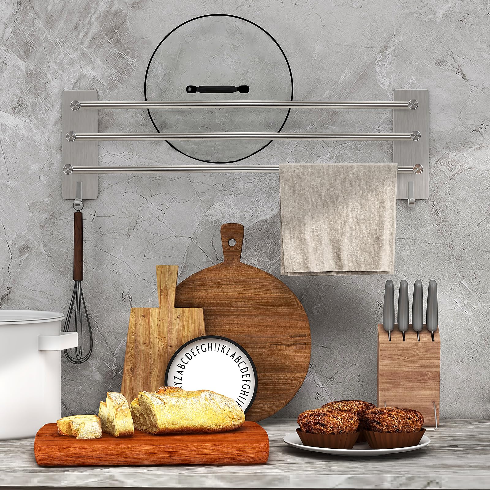 Vista Toallero autoadhesivo 3 barras 60 cm SUS304 acero inoxidable | Toallero sin taladrar plata con dos ganchos toallero para cocina, baño, dormitorio