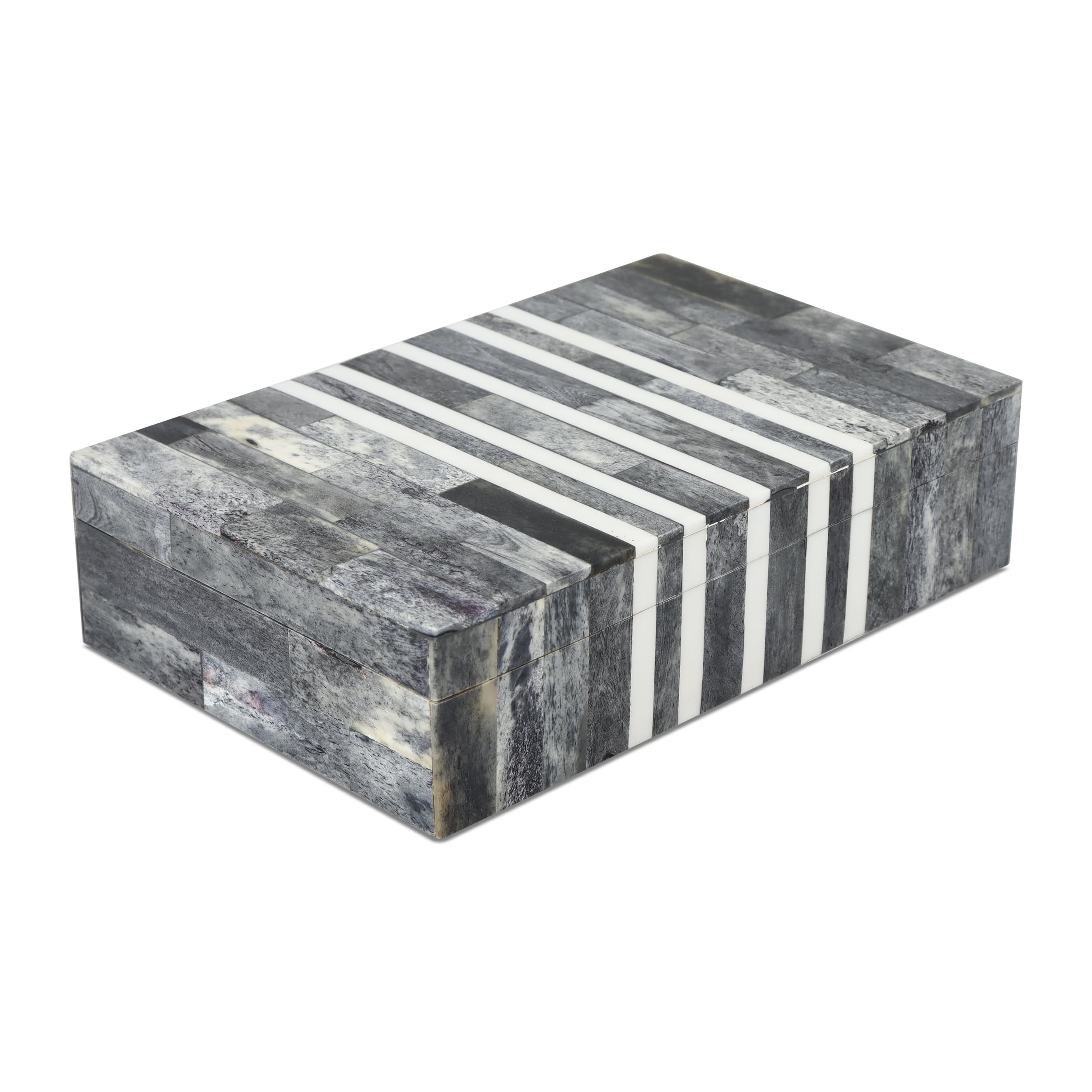 Handicrafts Home Small Decorative Storage Box with Lid, Patisserie Cafe Stripe Pattern Jewelry Keepsake Trinket Box Organizer, Bone Inlay Resin Wooden Coffee Table Dresser Box, Grey & White, 8x5x2