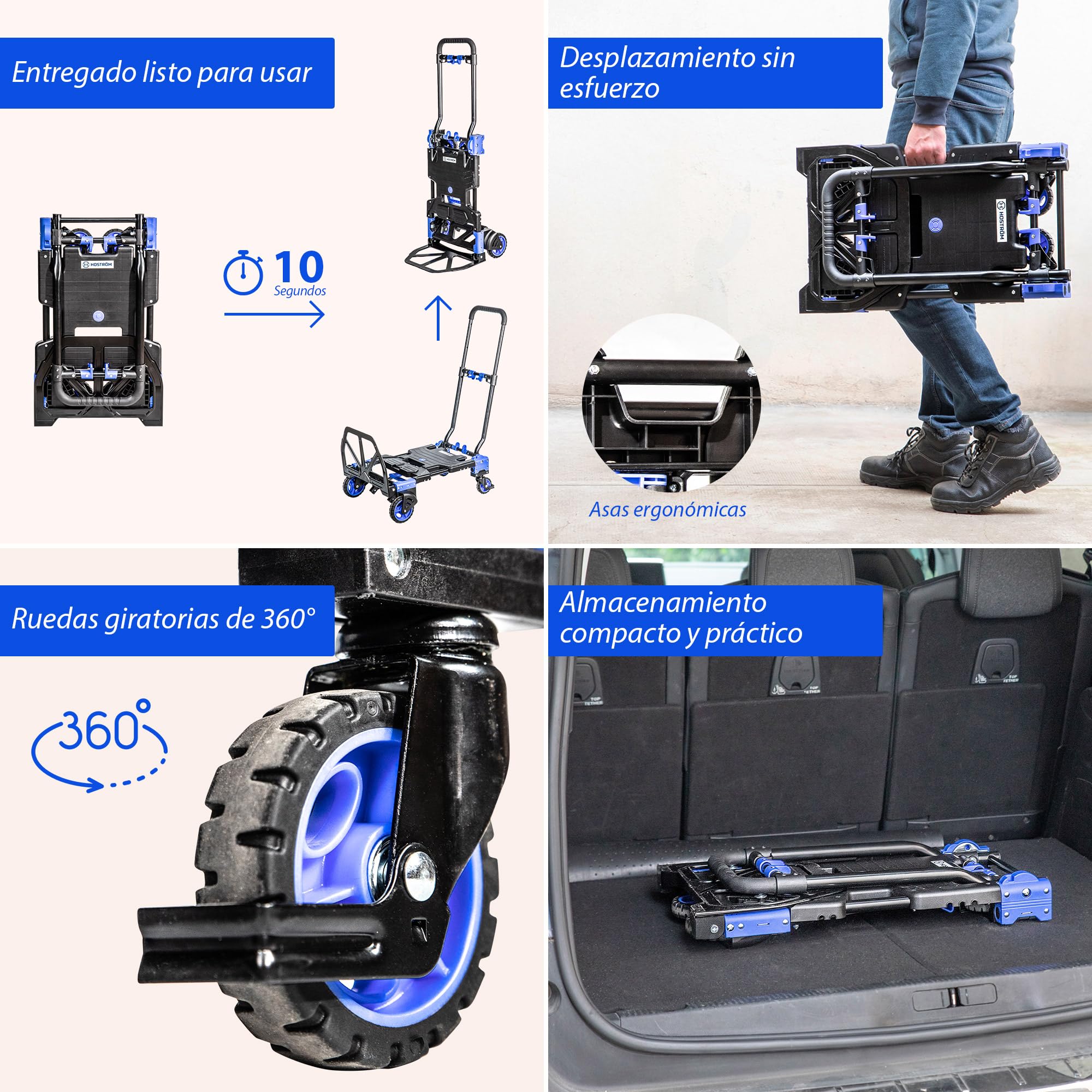 HOSTRÖM 2 en 1, Carro con Ruedas y Carretilla Plegable, Carro Plegable máx. 136 kg, Carretilla de mudanza máx. 68 kg, Ruedas giratorias de 360°, garantía de 5 años.