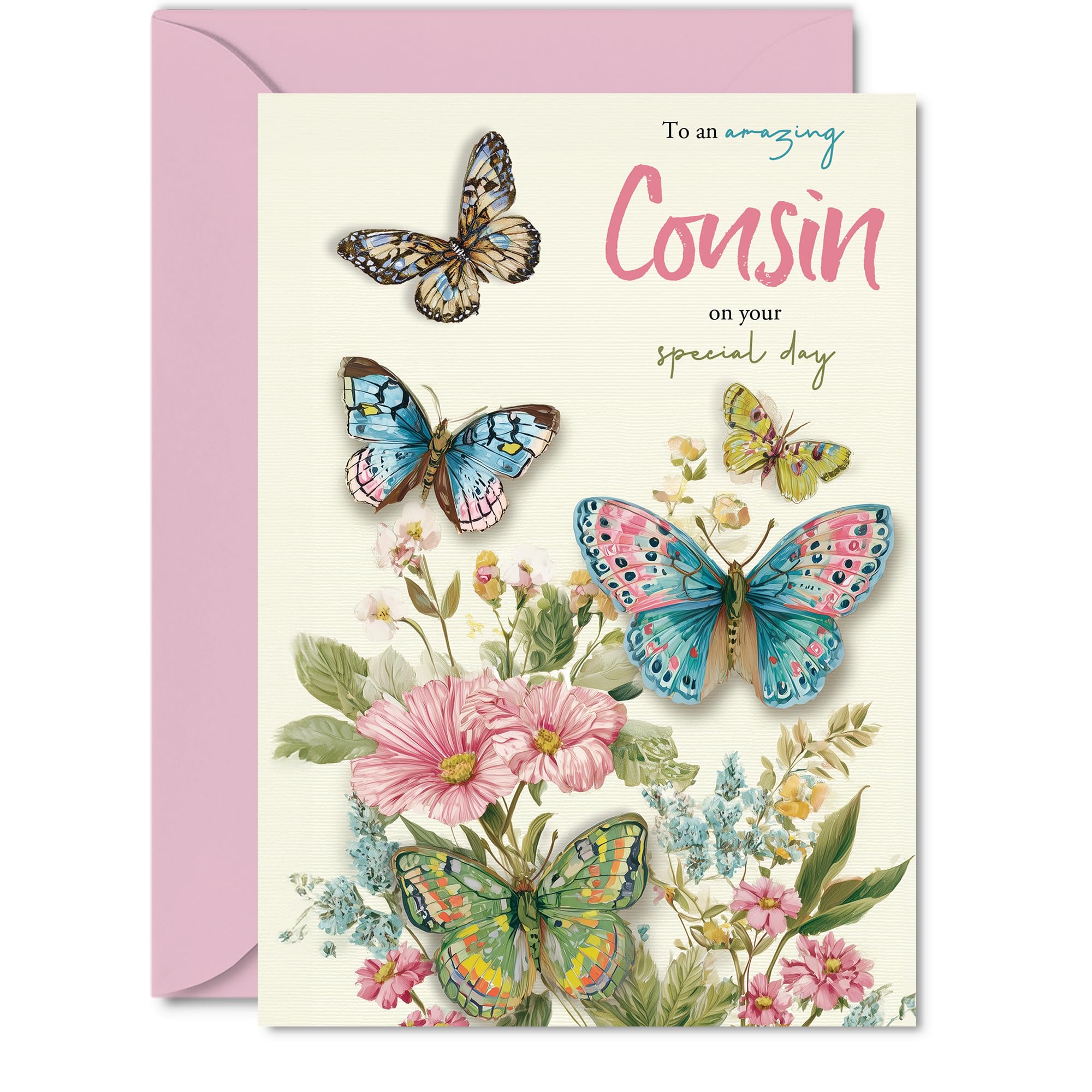 Sweet Birthday Card for Cousin - Butterflies and Flowers in Vibrant Pastels - Cheerful Design to Brighten Her Birthday - 5x7 Inch, Envelope Included