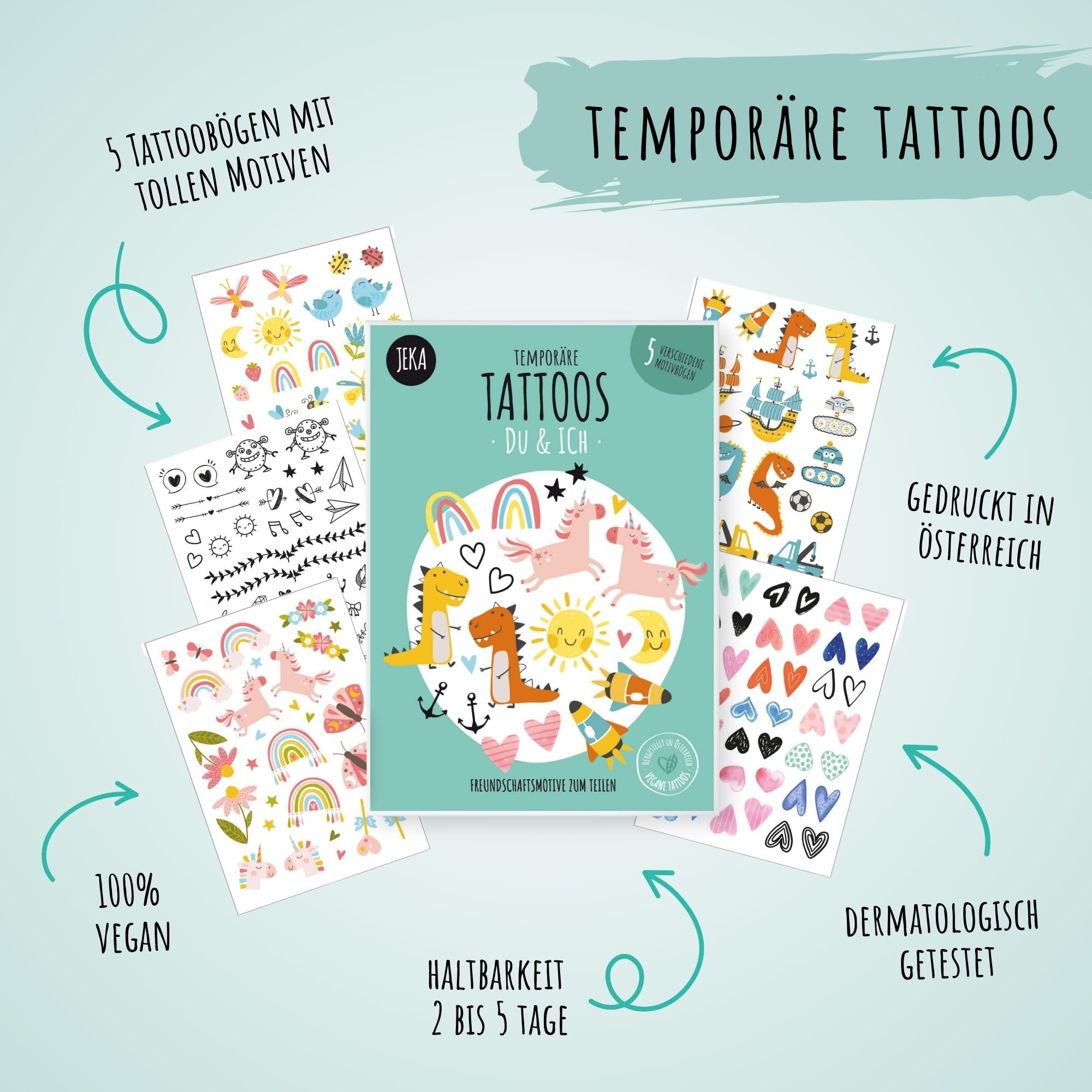 Hautfreundliche Kindertattoos zum Aufkleben - Motiv DU & ICH, Freundschaftstattoos, Kinder-Tattoo Set mit 5 Bögen, Tattoos Kinder, 100% Vegan und Hergestellt in Österreich, JEKA - 3