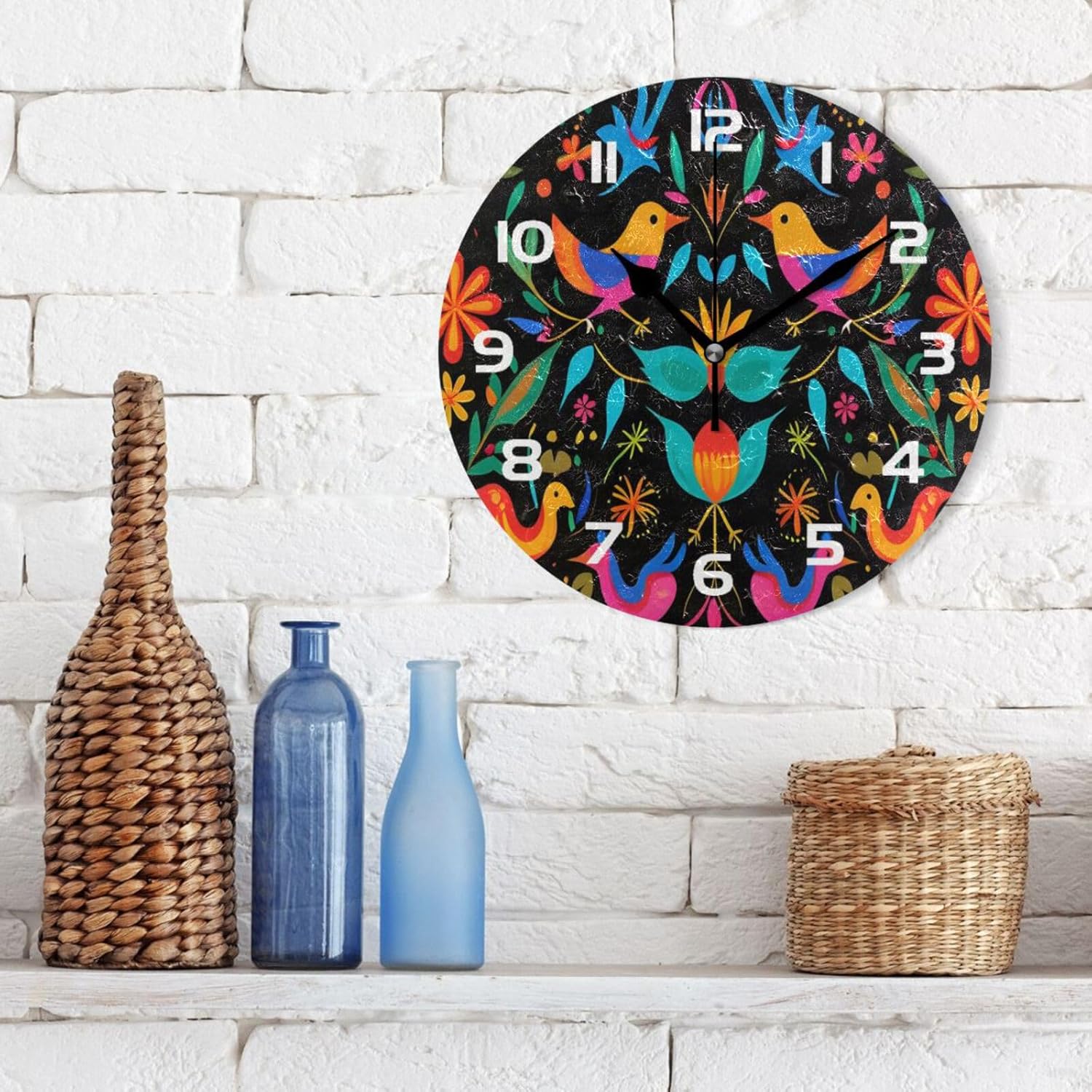 xigua Mexican Flower Pattern Wall Clock, Silent Non Ticking 10 Inch Battery Operated Wall Clocks, Easy to Read Clock for Home Kitchen Living Room Bathroom Office Decor