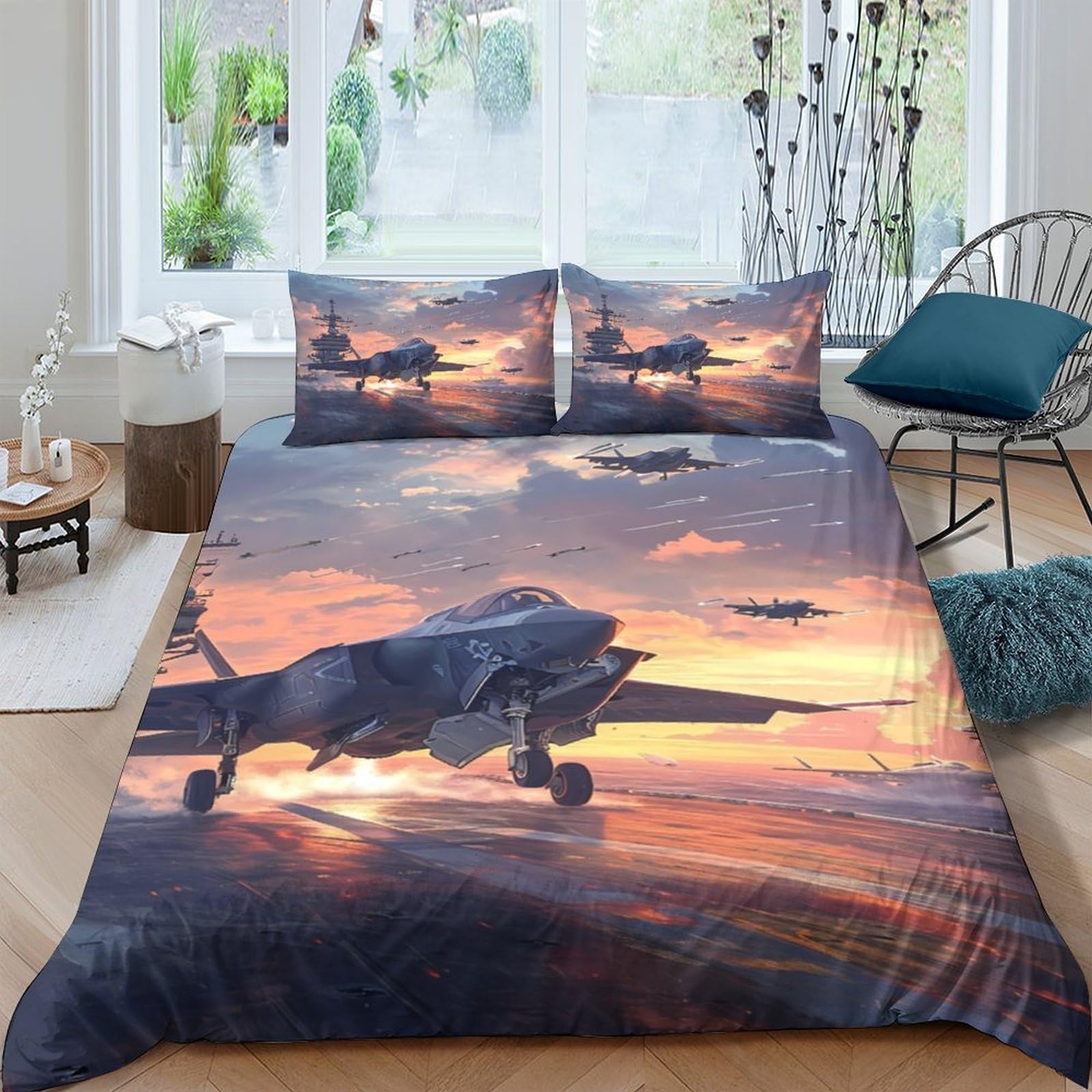 Ctjqhvkz Style-4 3D Printed Fighter Jet Sunset Fitted Sheet Microfiber Soft Bed Sheet Anti-Slip Machine Washable Bedroom Decor Single（135X200cm）