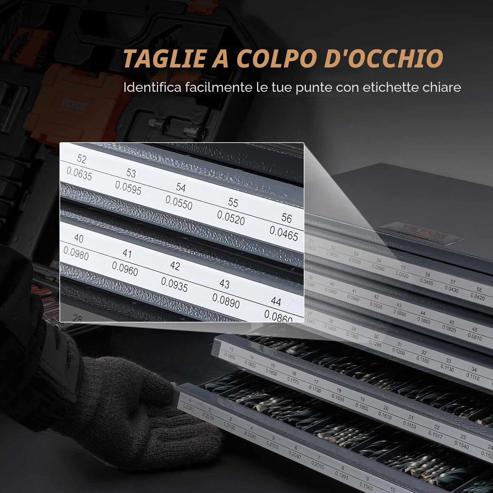 VEVOR Distributore di punte a cinque cassetti per punte in acciaio #1 a #60, armadio di stoccaggio con etichette, distributore di punte impilabili per la conservazione di punte
