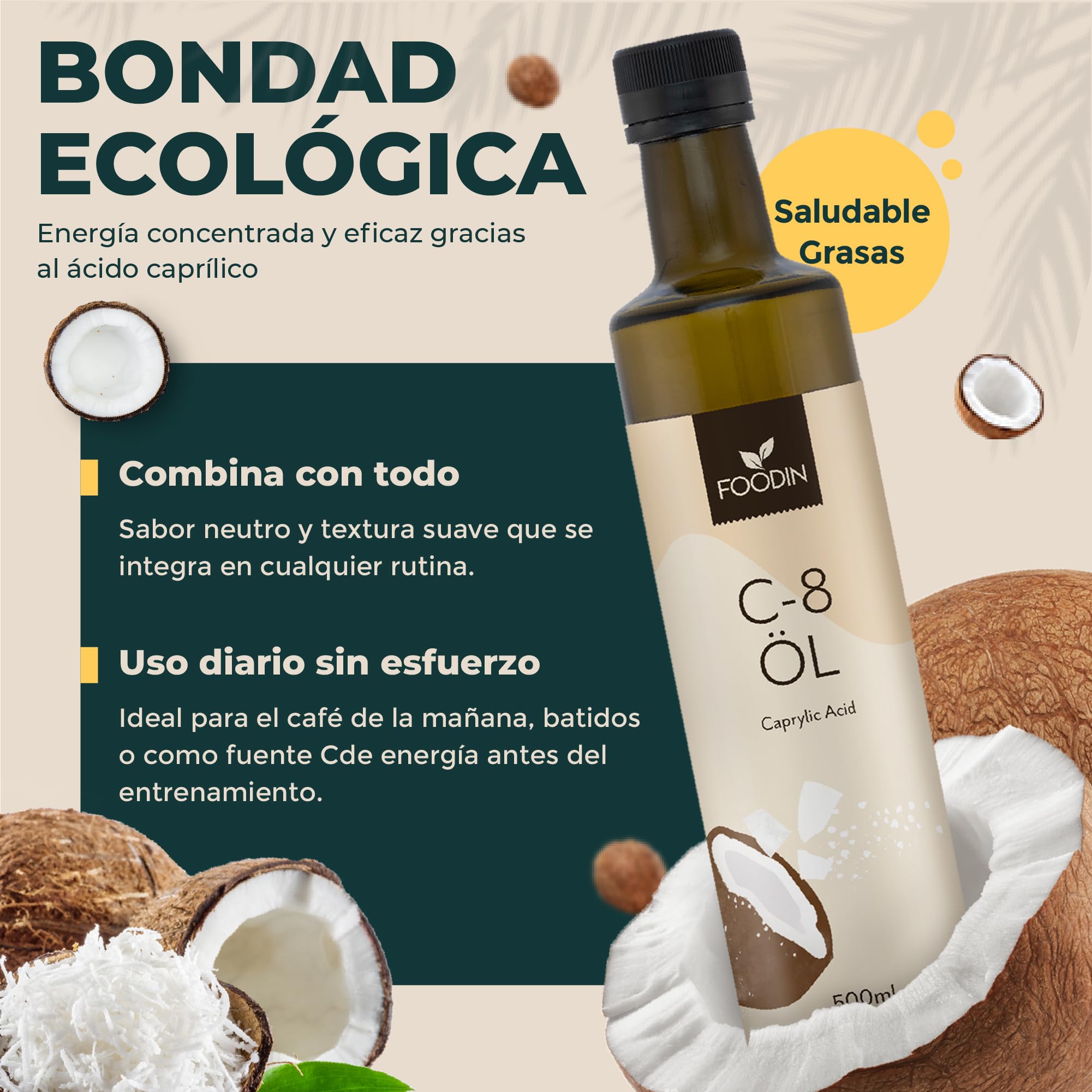 FOODIN Aceite MCT C8, 1000ml Aceite de Coco, Mejor para la Dieta Cetogénica, Aceite MCT Cetonas para Beber, 3x Más Cetonas (100% C8), Aceite de Coco Líquido y Sin Sabor (2x500ml)
