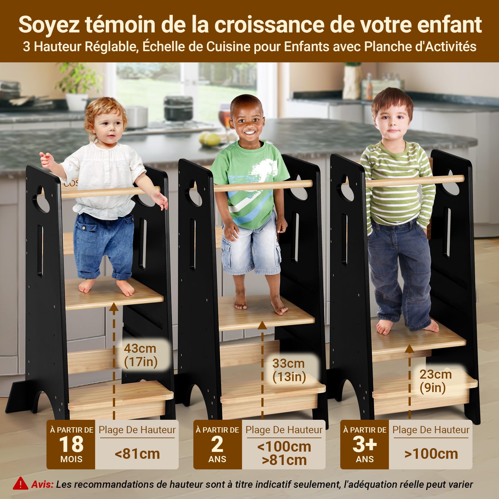 COSYLAND Tour d Observation Enfant Réglable en Hauteur Tour d'observation Montessori, Sûr et Sécurisé Tour d'apprentissage Bebe en Bois, Chaise Montessori Enfant À Partir de 18 Mois - Noir - 3