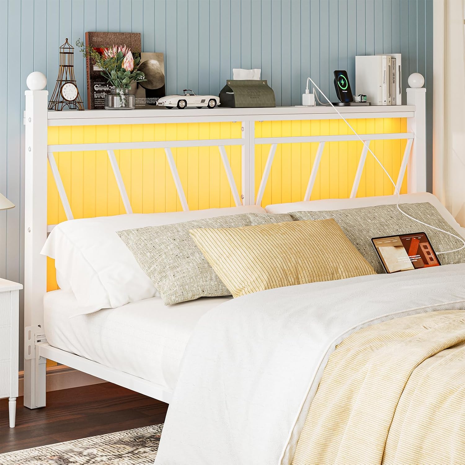 California King Size Storage Headboard with LED Lights, Modern Cal King Head Board with Outlets, USB & Type C Port, Farmhouse Vintage Style, Metal Headboard Only for Bedroom, White
