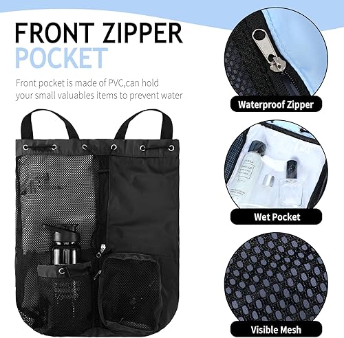 Miniatura 6 de Mochila de malla con cordón de 5 piezas, con bolsillo húmedo, bolsa de gimnasio de malla ligera, mochila de playa para mujeres y hombres, piscina,