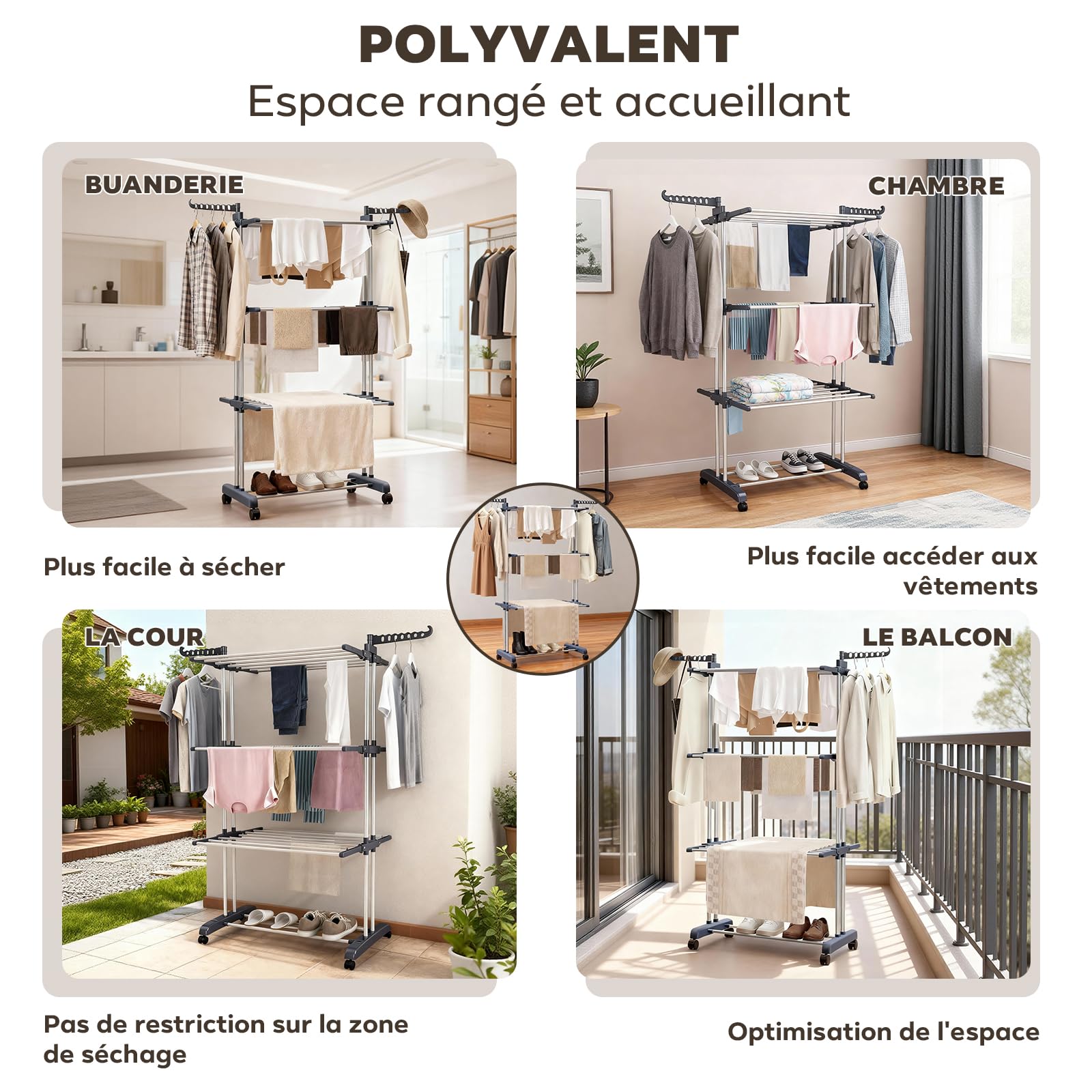 Etendoir Linge Tour sur roulettes | Séchoir 4 Niveaux en Acier Inoxydable avec 6 Ailes Pliantes | 76x50x172 cm | Gain de Place pour Balcon Salle de Bain & Intérieur | Gris