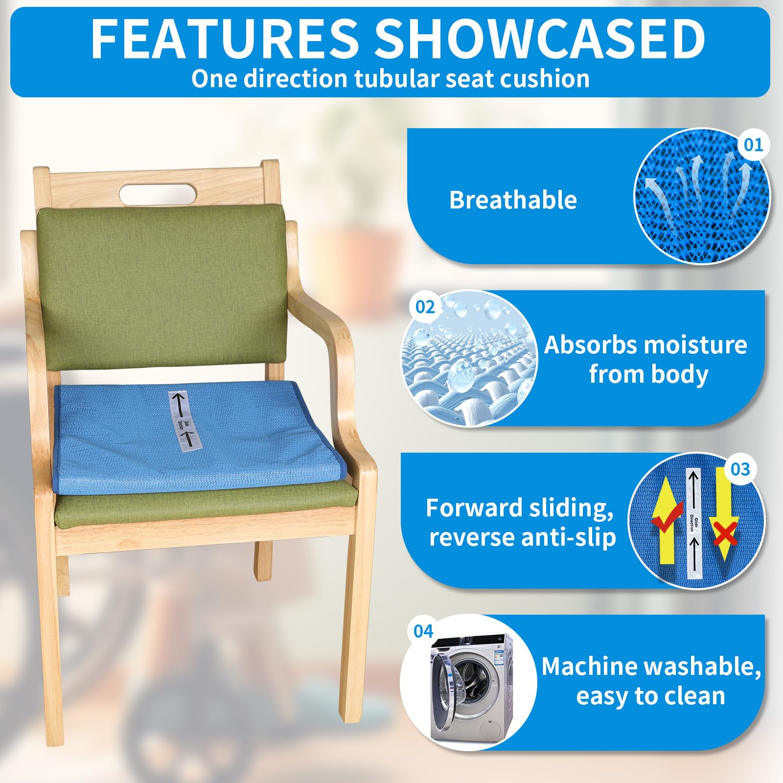 Cojín de asiento tubular antideslizante de una dirección, prevención de caídas, almohadilla de deslizamiento unidireccional para ancianos en silla de ruedas, tamaño 17 x 17 pulgadas