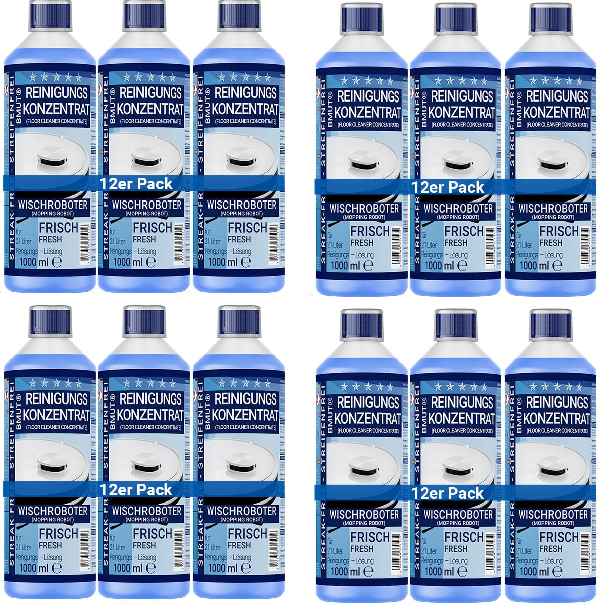 12 x 1000 ml detergente concentrato per robot pulitore | profumo extra fresco | senza aloni e senza schiuma + dosatore | detergente per pavimenti e molto altro ancora.
