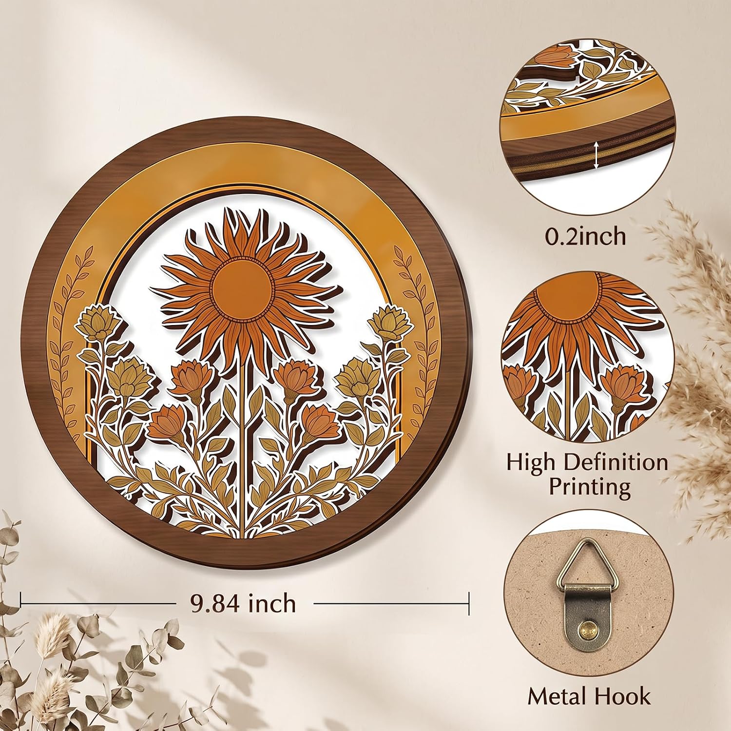 AGIOTA 4 Pack Vintage Floral Round Wooden Wall Hangings, 9.84 Inch Farmhouse Sunflower Daisy Botanical Wood Wall Art Plaques, Retro Boho Circular Wood Hanging Signs with Mounting Screws for Living Room Bedroom Entryway Home Decor Housewarming Gift image 2