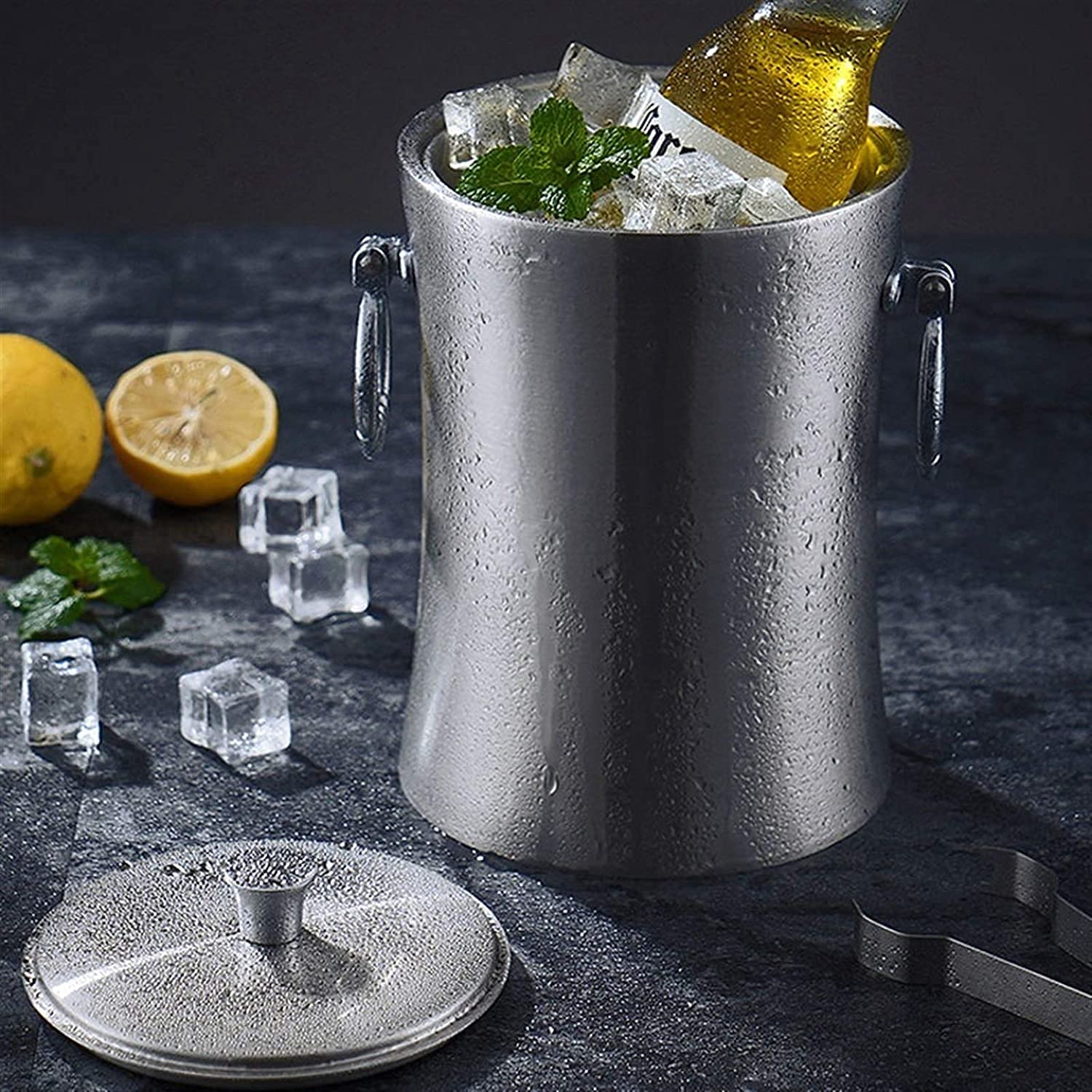 Juego de Cubos de Hielo y Pinzas para Hielo Cubos Enfriadores Soportes Cubo de Hielo de Acero Inoxidable de Doble Pared Gruesa con Aislamiento para Barra de Vino Tinto Barriles de champán fríos