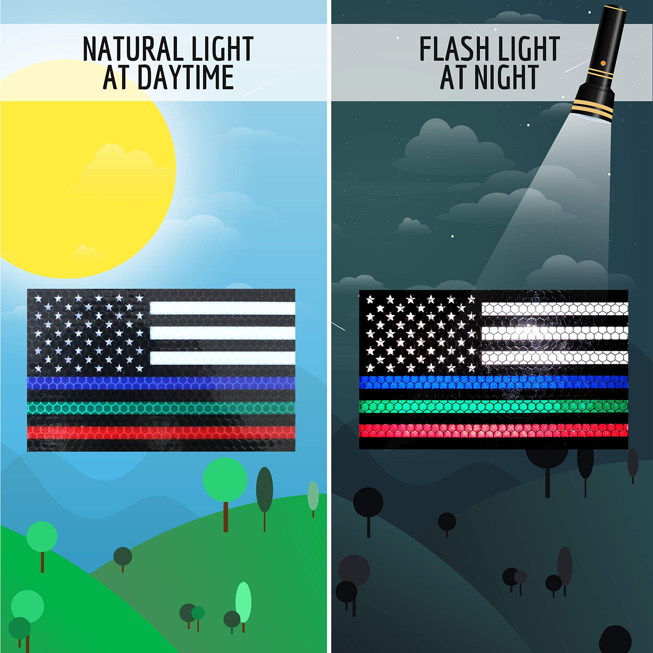 3PC Reflective Thin Line American Flag Sticker - 5x3 Inches - Blue Green and Red Line Decal - US Flag Decals - USA Support Police Military and Firefighter Officers Troops Car Truck Automotive Bumper