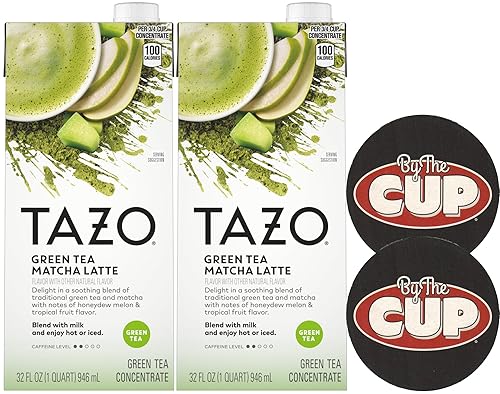 TAZO - Concentrado de té verde Matcha Latte, 32 onzas (paquete de 2) con posavasos By The Cup