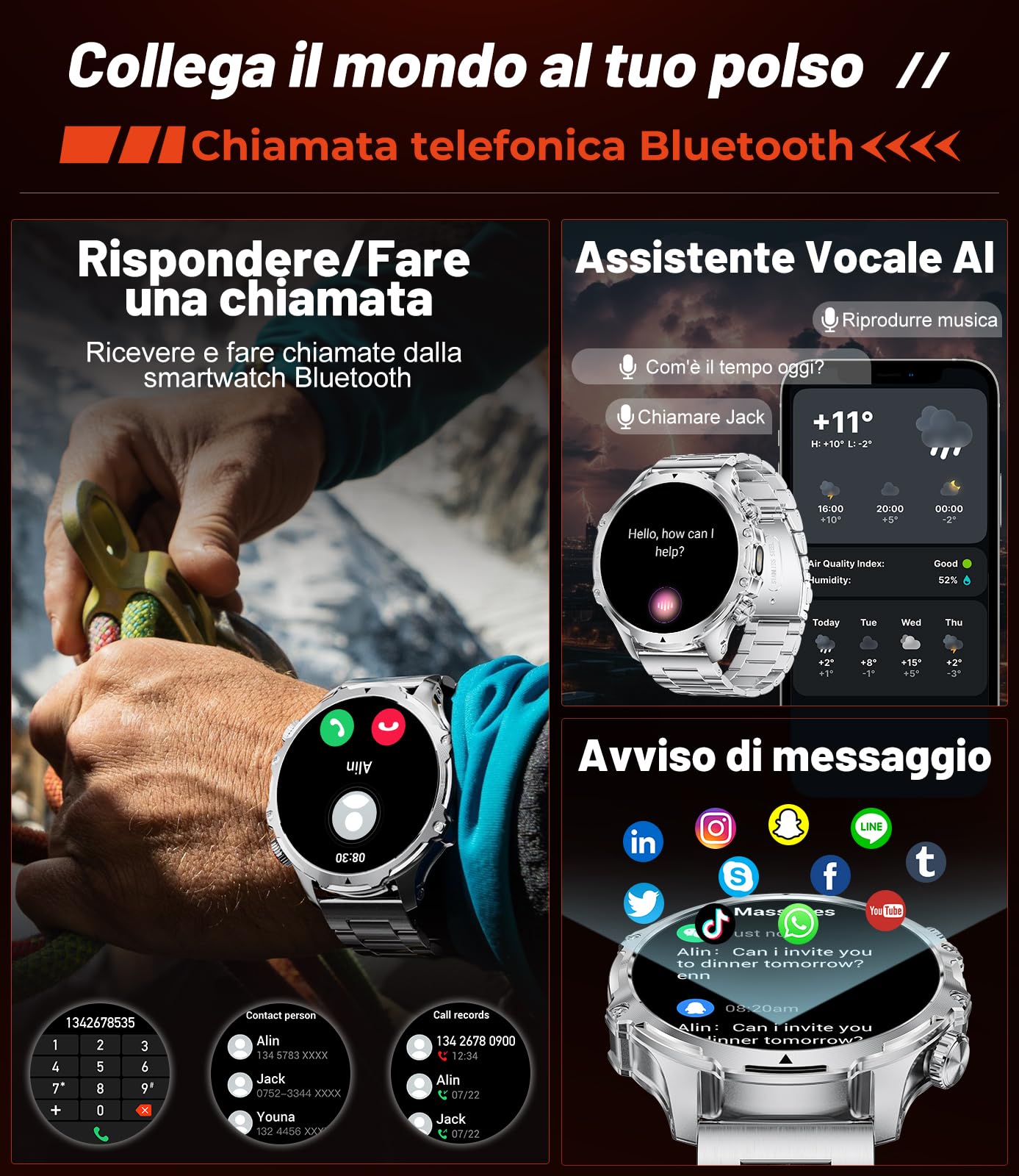 LIGE 1,85" Smartwatch Uomo con Torcia LED/800mAh, Chiamata Bluetooth, Impermeabile 5ATM, 110+ modalità Sportive, Cardiofrequenzimetro SpO2 e Sonno Smart Watch Militare per iOS Android, FV15-E