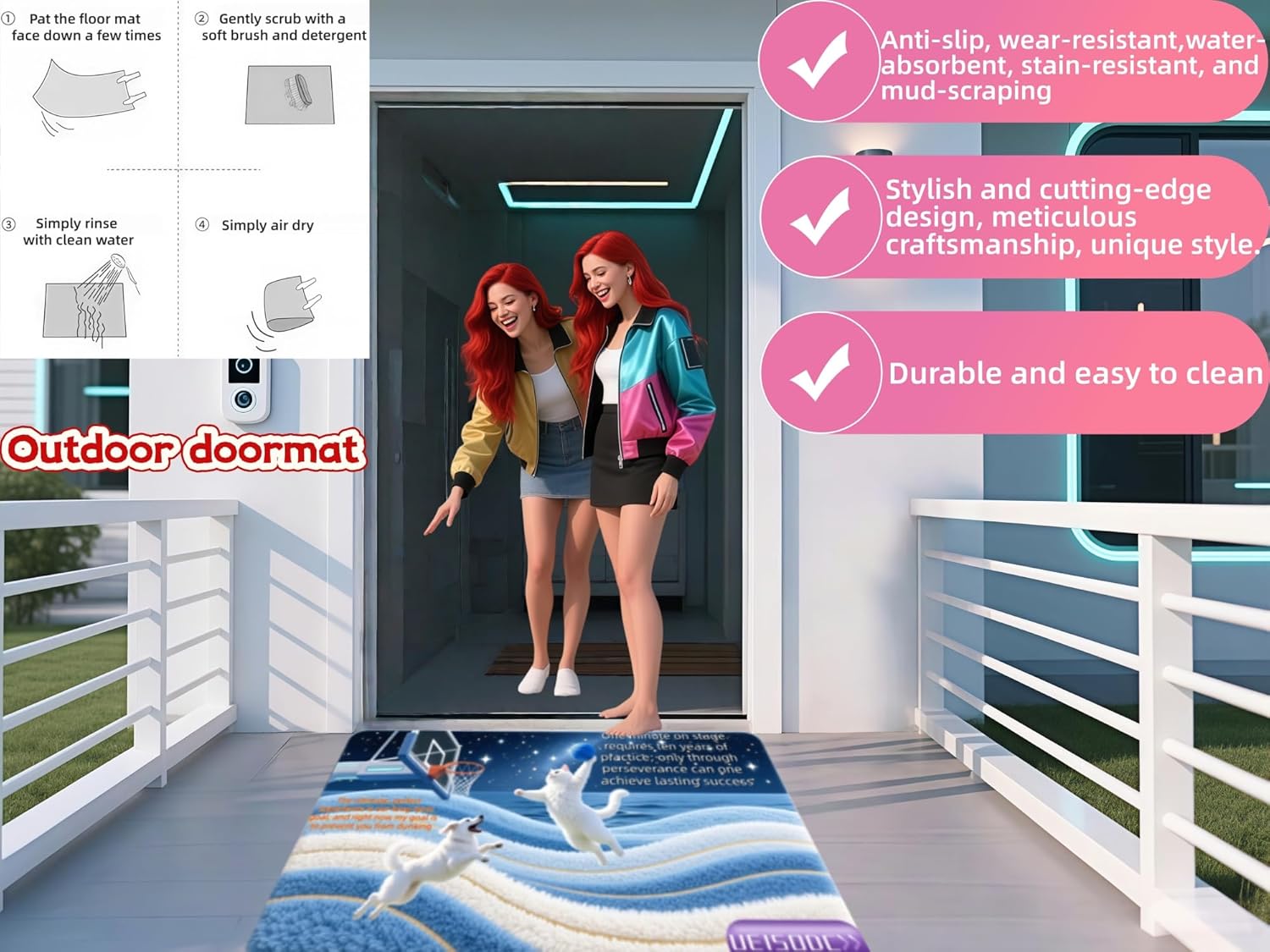 Outdoor doormat，bathroom non-slip mat, anti-slip, water-absorbent, decontamination and wear-resistant, 2Piece 20*32，32*48 inch, TPR eco-friendly and odorless, exquisite pet-themed design to hide dirt