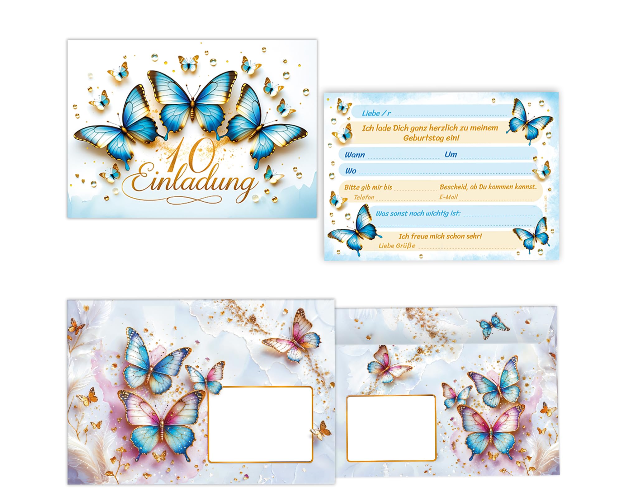 JuNa-Experten 8 Einladungskarten incl. 8 Umschläge zum 10. Kindergeburtstag Schmetterling Kinder Mädchen coole bunte Einladungen zehnte Geburtstag Mädchengeburtstag