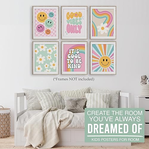 Miniatura 9 de Hadley Designs 6 Cuadros de Pared Retro para Habitación de Niñas - Decoración Groovy para Habitación de Niñas, Arte Estético para Guardería o