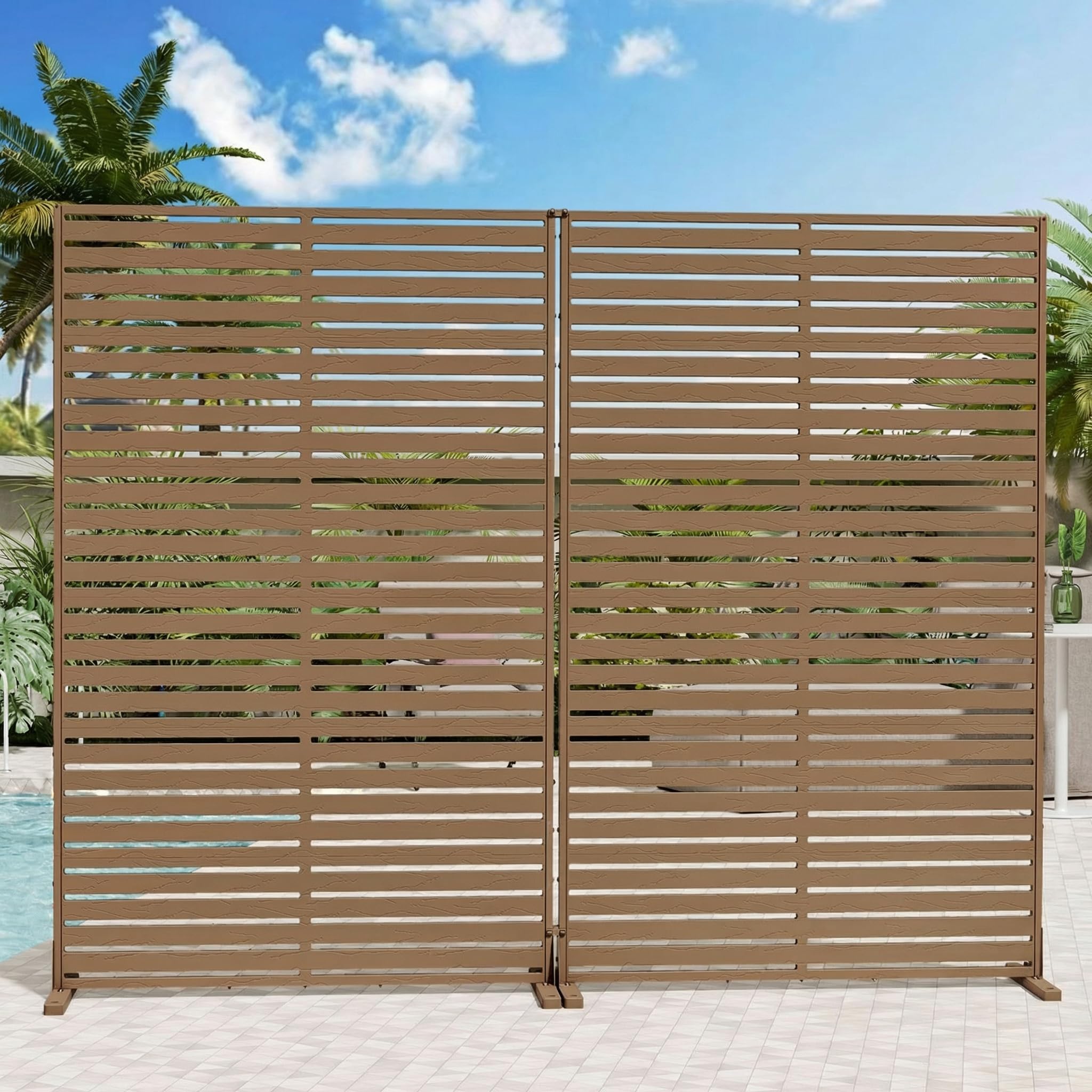Photo 1 of ***MAJOR DAMAGE*** Diyfire Outdoor Privacy Screen 72" Decorative Privacy Fence Set of 2, Air Conditioner Fence, Freestanding Privacy Screens with Stand, Weather-Resistant Patio Divider Panel for Balcony, Backyard,Brown