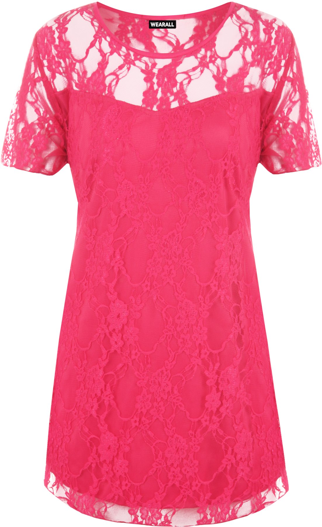 WearAll New Ladies Lace Lined Top Womens Plus Size Stretch Short Sleeve Top Cerise 26/28
