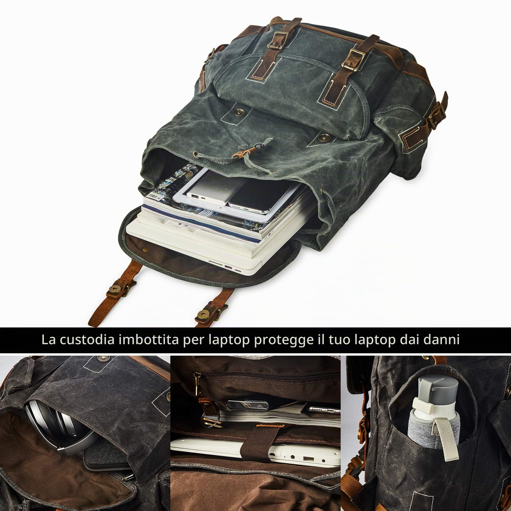 Zaino da Viaggio Uomo Donna in Tela Cerata Stile Vintage Impermeabile，Zaino Tela，Zaino Università Casual Lavoro(Verde Scuro) | Trim Casual 15,6 pollici Laptop Bookbag Zaino da viaggio Impermeabile Zaino da Viaggio Zaino Vintage per Uomo e Donna